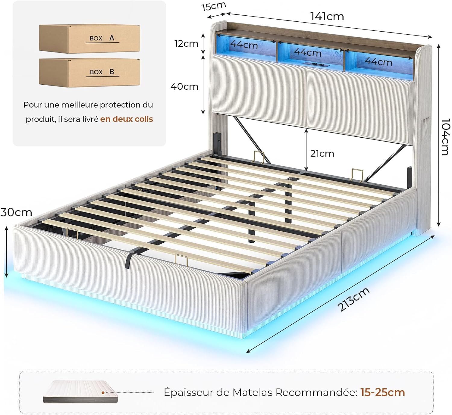 MSMASK Polsterbett Hydraulisches Stauraumbett mit LED Beleuchtung und Steckdosen (1-tlg., Ohne Matratze), Jugendbett mit Stauraum Kopfteil, 140x190cm – Bild 2 von 5