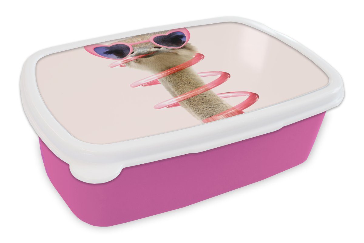 MuchoWow Lunchbox Strauß - Sonnenbrille - Rosa - Tiere, Kunststoff, (2-tlg), Brotbox für Erwachsene, Brotdose Kinder, Snackbox, Mädchen, Kunststoff | Lunchboxen