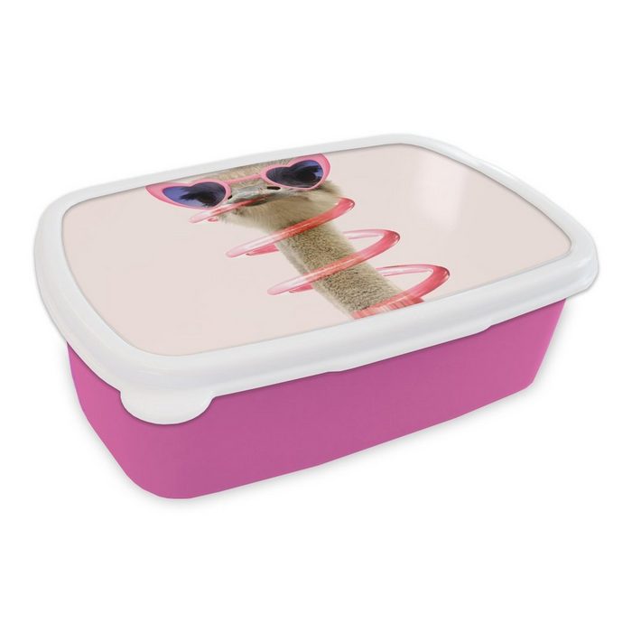 MuchoWow Lunchbox Strauß - Sonnenbrille - Rosa - Tiere Kunststoff (2-tlg) Brotbox für Erwachsene Brotdose Kinder Snackbox Mädchen Kunststoff