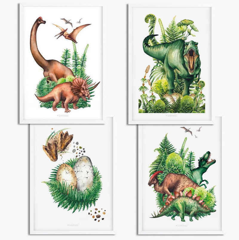 Sunnywall Poster Poster Kinderzimmer Dinosaurier Real (4er Set), Dinosaurier (Set, 4 St)