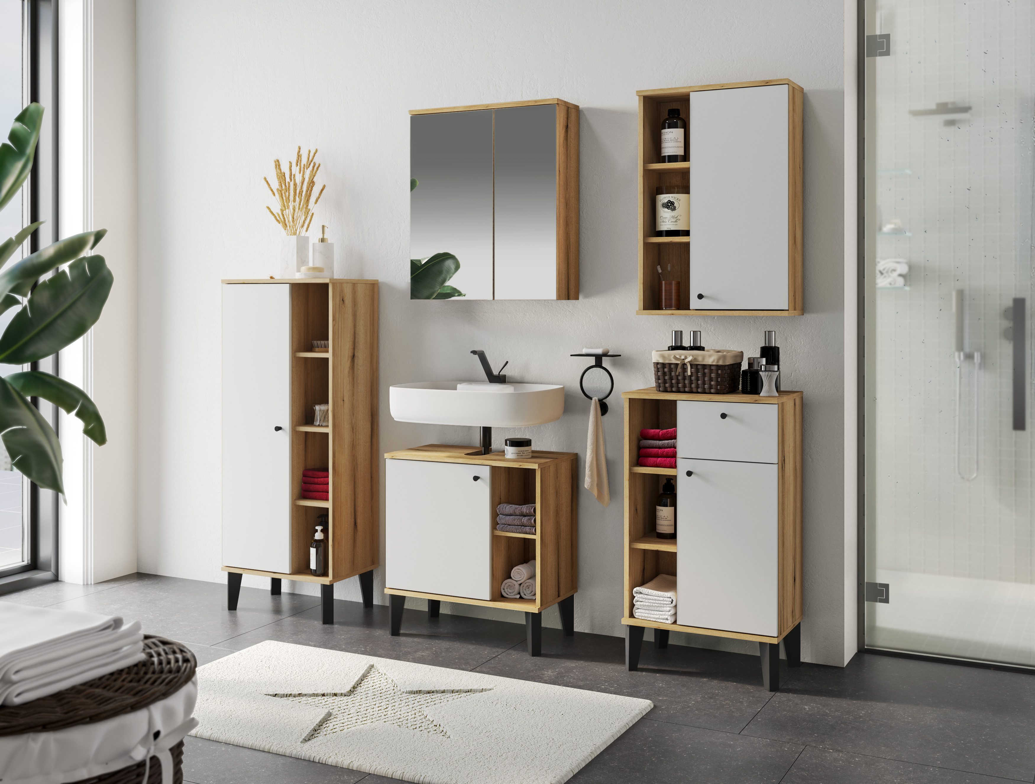 Home affaire Badspiegel Oslo, Spiegelschrank in Eiche Evoke, Spiegel im skandinavischen Design, Aufbewahrungsschrank mit 2 Spiegeltüren, wahlweise mit LED