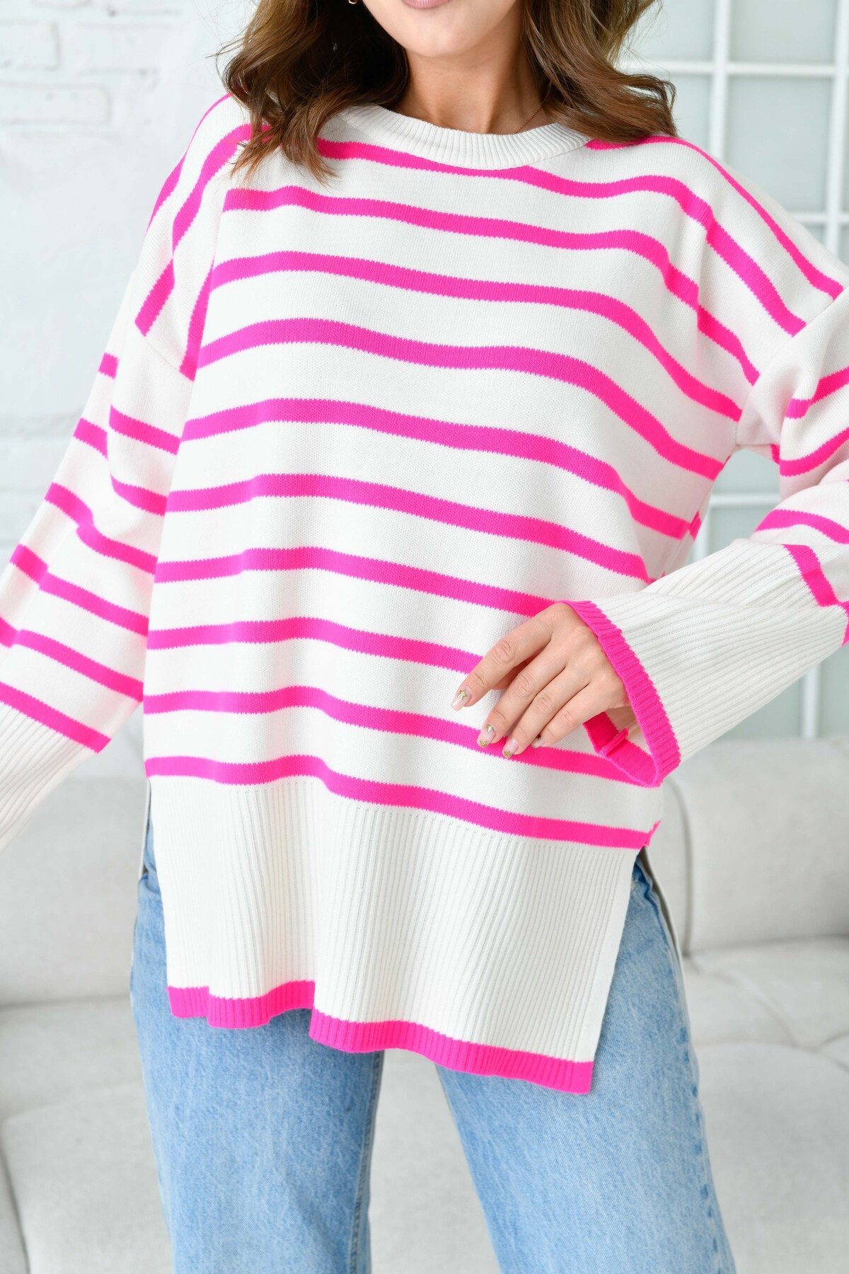 WOMAN VISION Sweater Oversize-Pullover mit Schlitz, Rundhalsausschnitt, Streifenmuster, lan