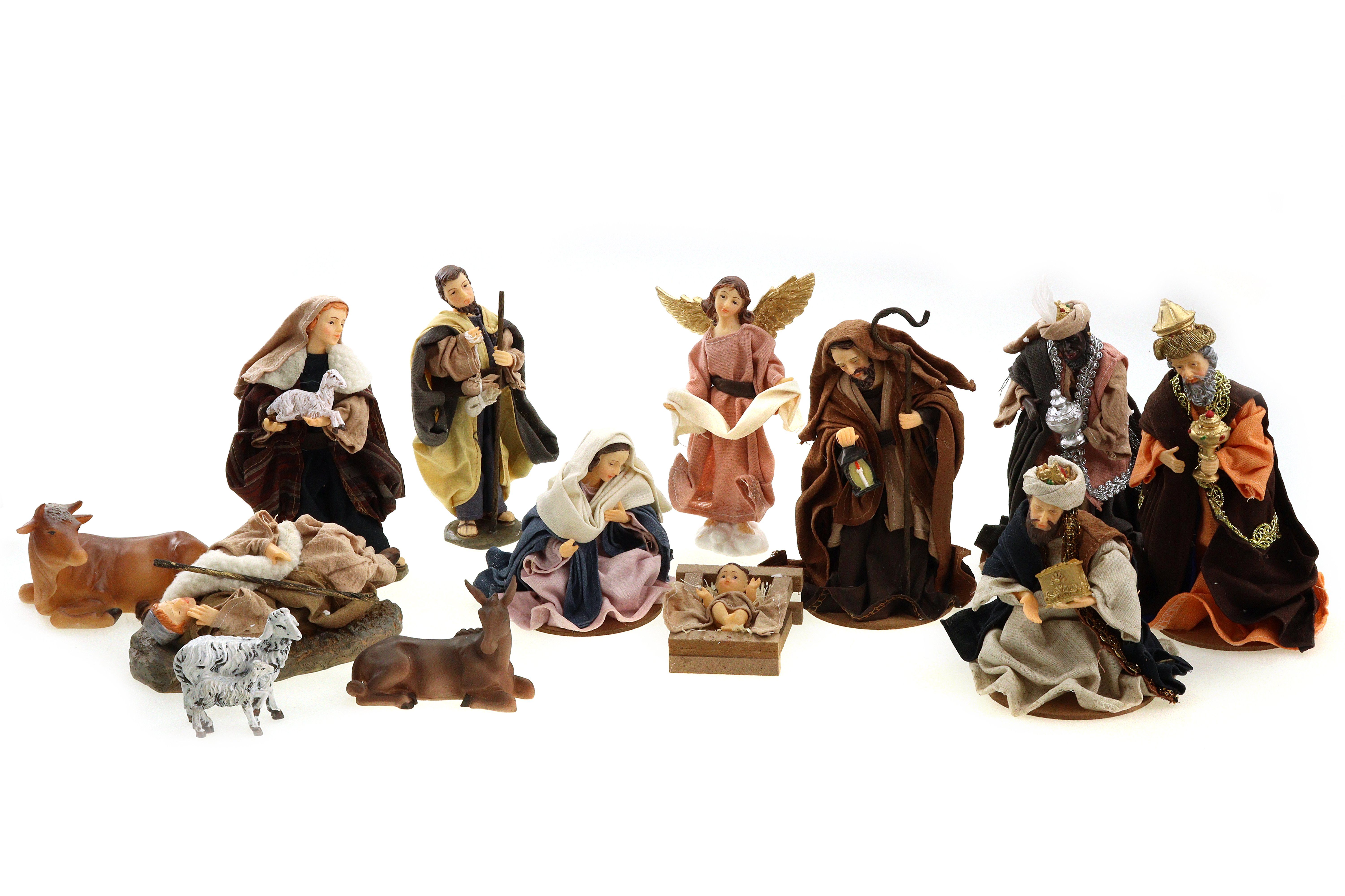 ELLUG Krippenfigur Krippenfiguren Set 13tlg mit Kleidern, Heilige Familie, Heilige 3 Könige, Engel & Hirten H.: 17cm Weihnachtskrippe Figuren Krippenzubehör Weihnachtsdeko (13 St)