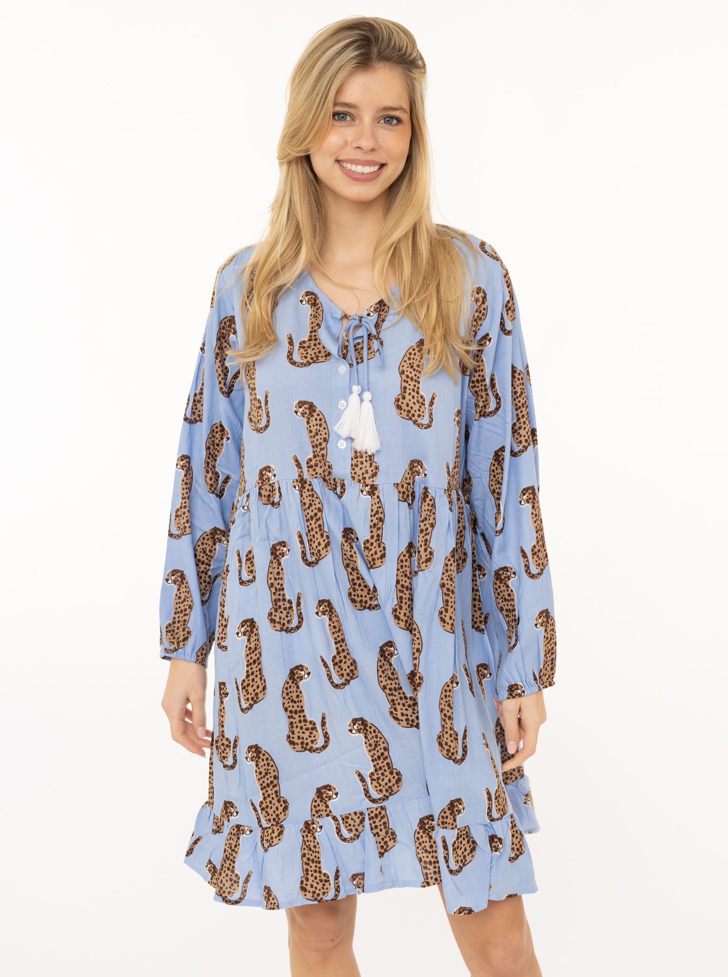 Zwillingsherz Sommerkleid "Loevely Leopard" Leopardenmotiv, mit Tassel, lange Ärmel, figurumspielend