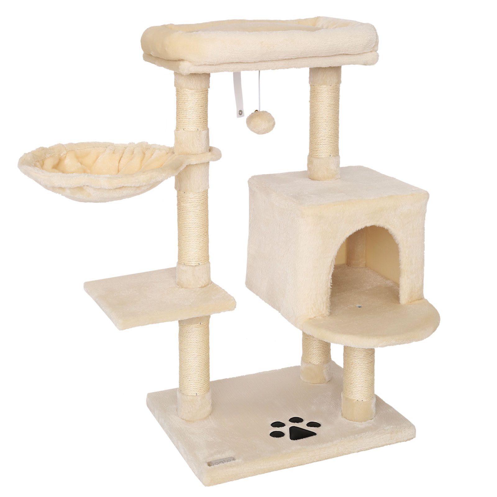 lionto Kratzbaum 93 cm mit Höhle, Liegemulde, Spielball & Sisalstämmen, beige, kompakter Katzenbaum mit Wandhalterung, für Katzen jeden Alters