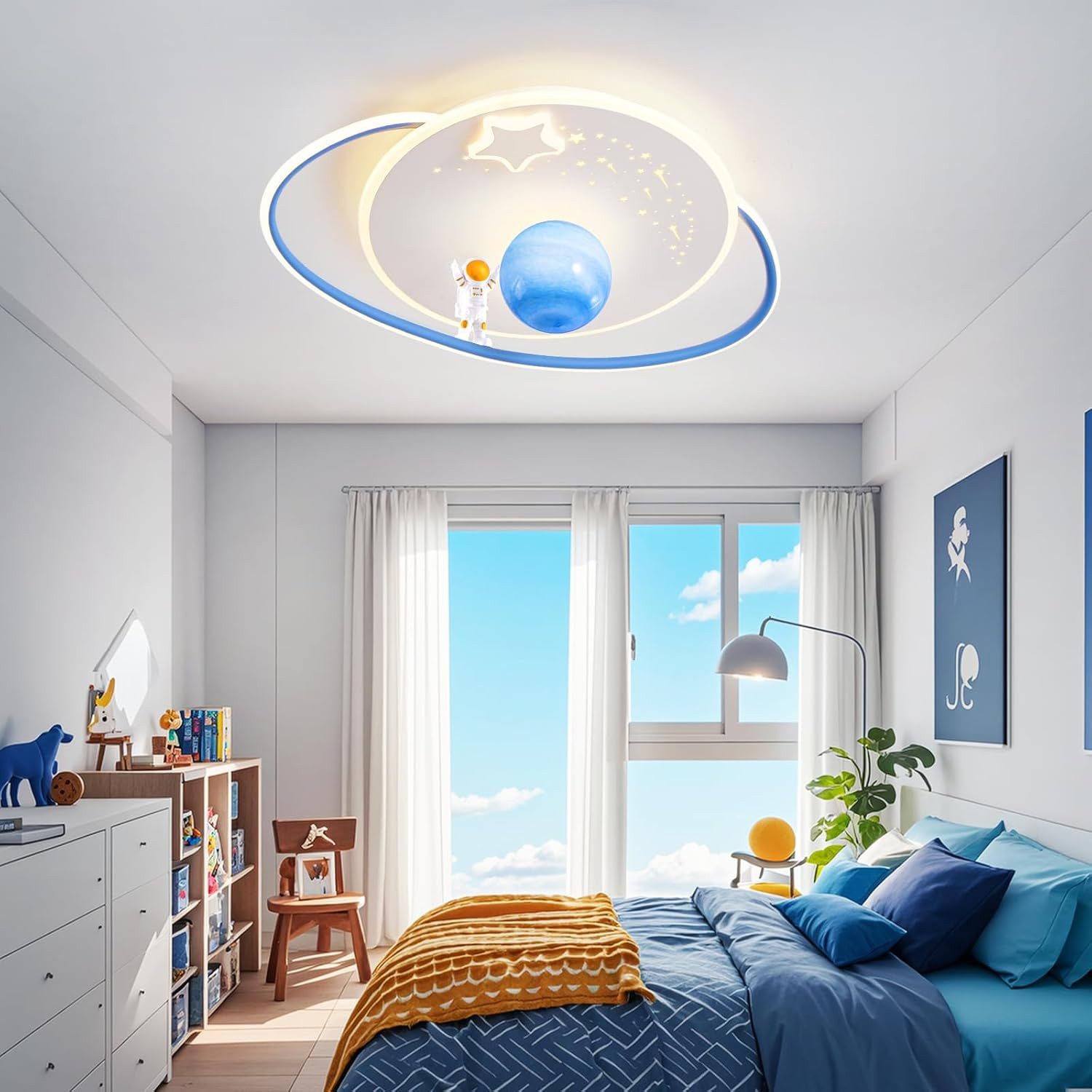RRBEST Deckenleuchte LED Kinder Deckenlampe, Modernes Design Mond Astronaut Deckenleuchte, Dimmbar mit Fernbedienung Jungen und Mädchen Kinderzimmer Lampen
