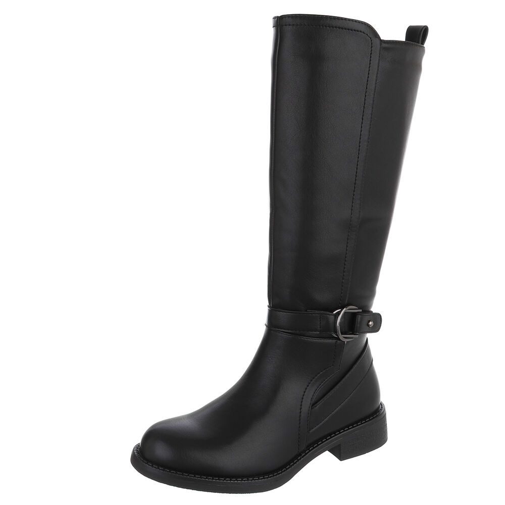Ital-Design Damenstiefel mit Schaft und Riemendetail Stiefel (92269228) Blockabsatz Flache Stiefel in Schwarz