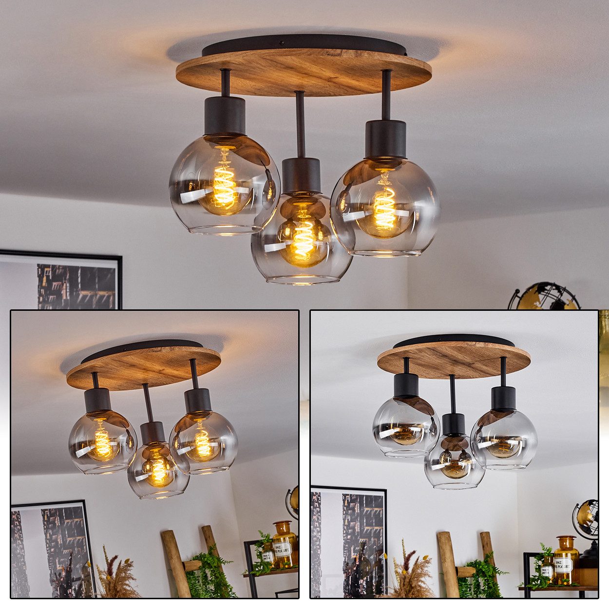 hofstein Deckenleuchte »Canove« Deckenlampe, Metall/MDF/Glas, Schwarz/Holzo günstig online kaufen