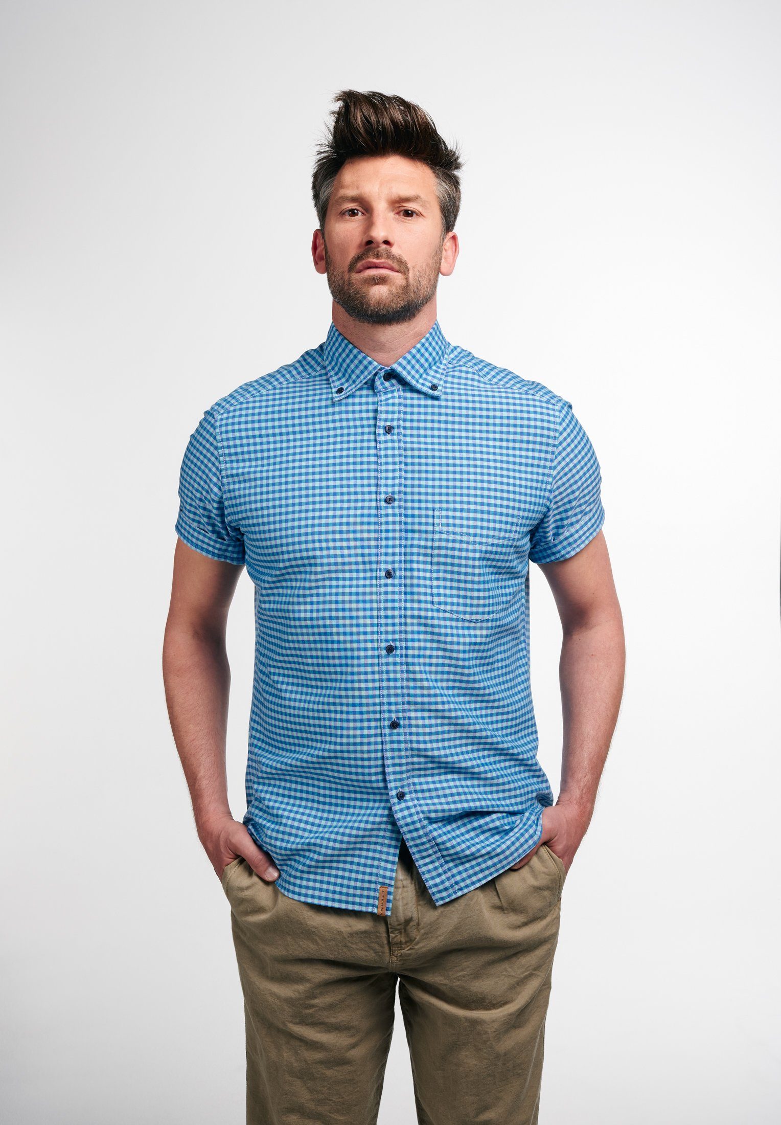 Eterna Klassische Bluse ETERNA REGULAR FIT UPCYCLING SHIRT Kurzarm Hemd oxford blau-türkis