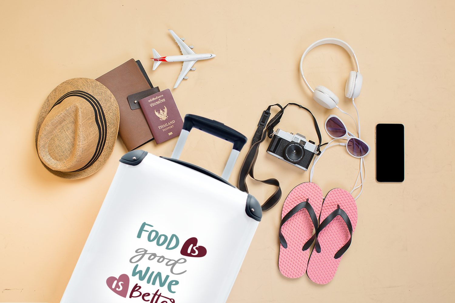 Handgepäck gut, - Herz, Handgepäckkoffer besser' Reisetasche Sprichwörter 4 Ferien, ist Zitate - für Reisekoffer MuchoWow mit Trolley, Wein rollen, 'Essen - Rollen, ist