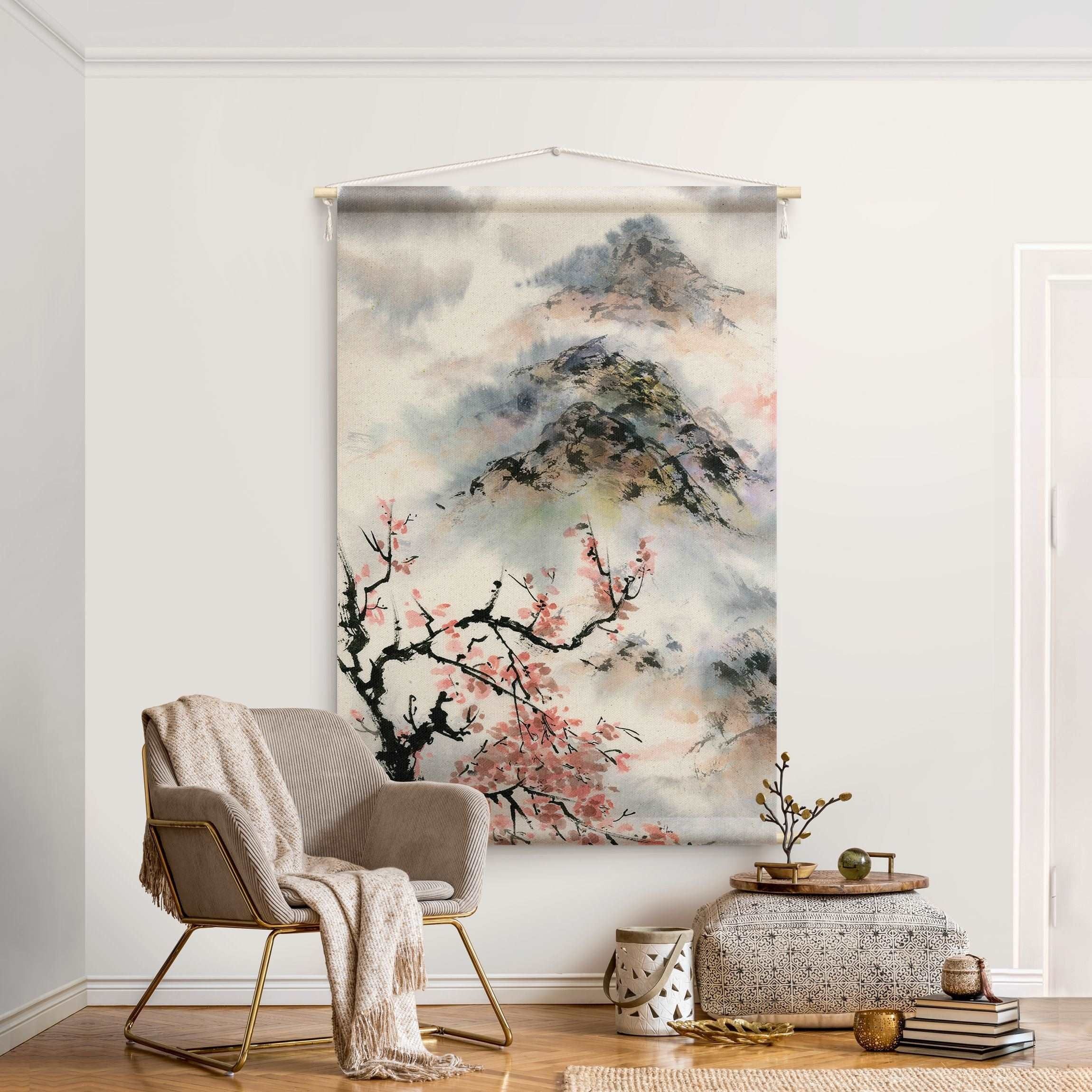 Bilderdepot24 Wandteppich modern Wald Aquarell Blumen Natur Vintage grau, rechteckig, Höhe: 2.6 mm, großes Wandbild aus Natur-Baumwolle Wandbehang Stoffbild Tuch Wollseil