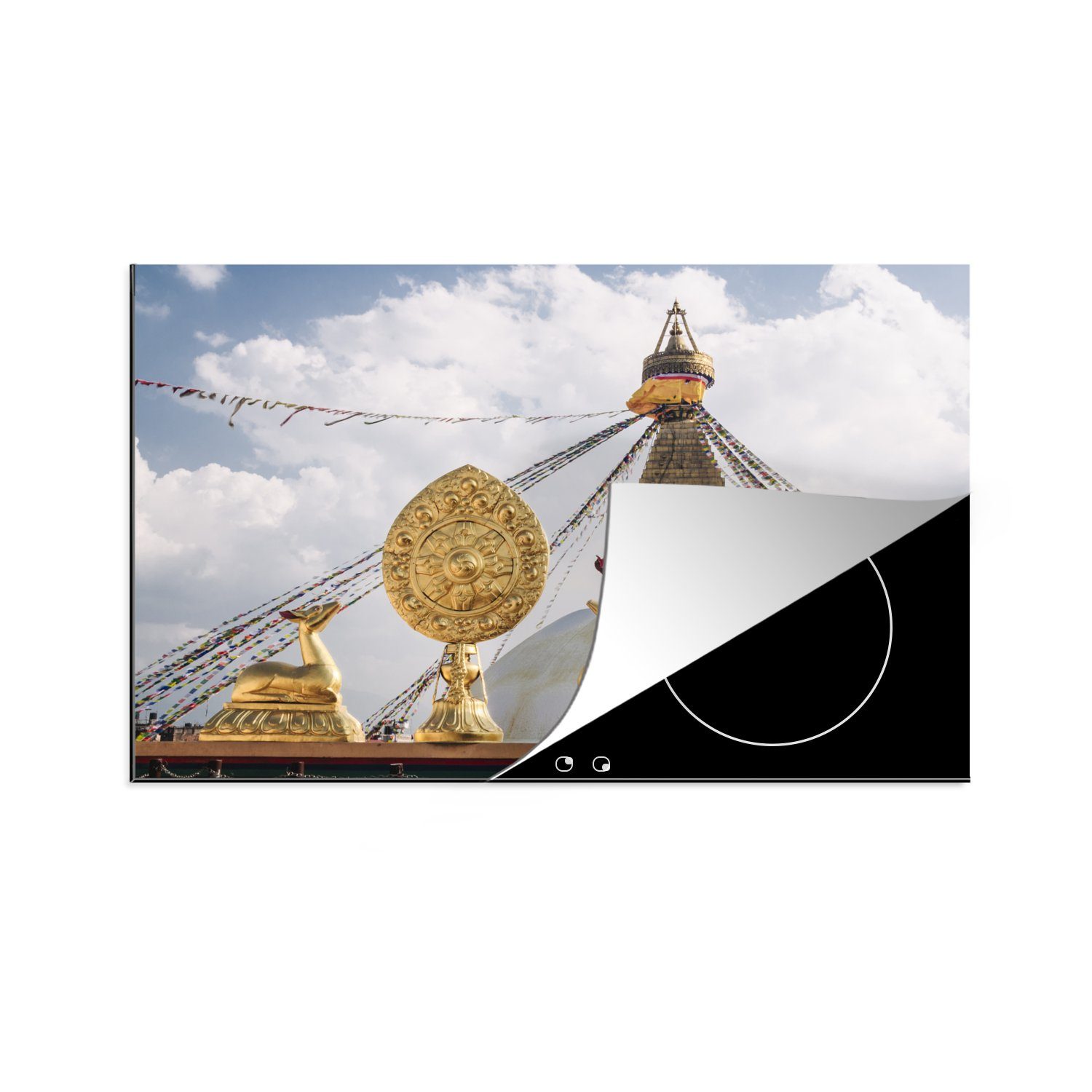 (1 Bouddhanath Wolken über für tlg), die Herdblende-/Abdeckplatte Schutz weiße 81x52 Schöne küche, cm, in Induktionskochfeld MuchoWow Ceranfeldabdeckung Vinyl, Nepal,