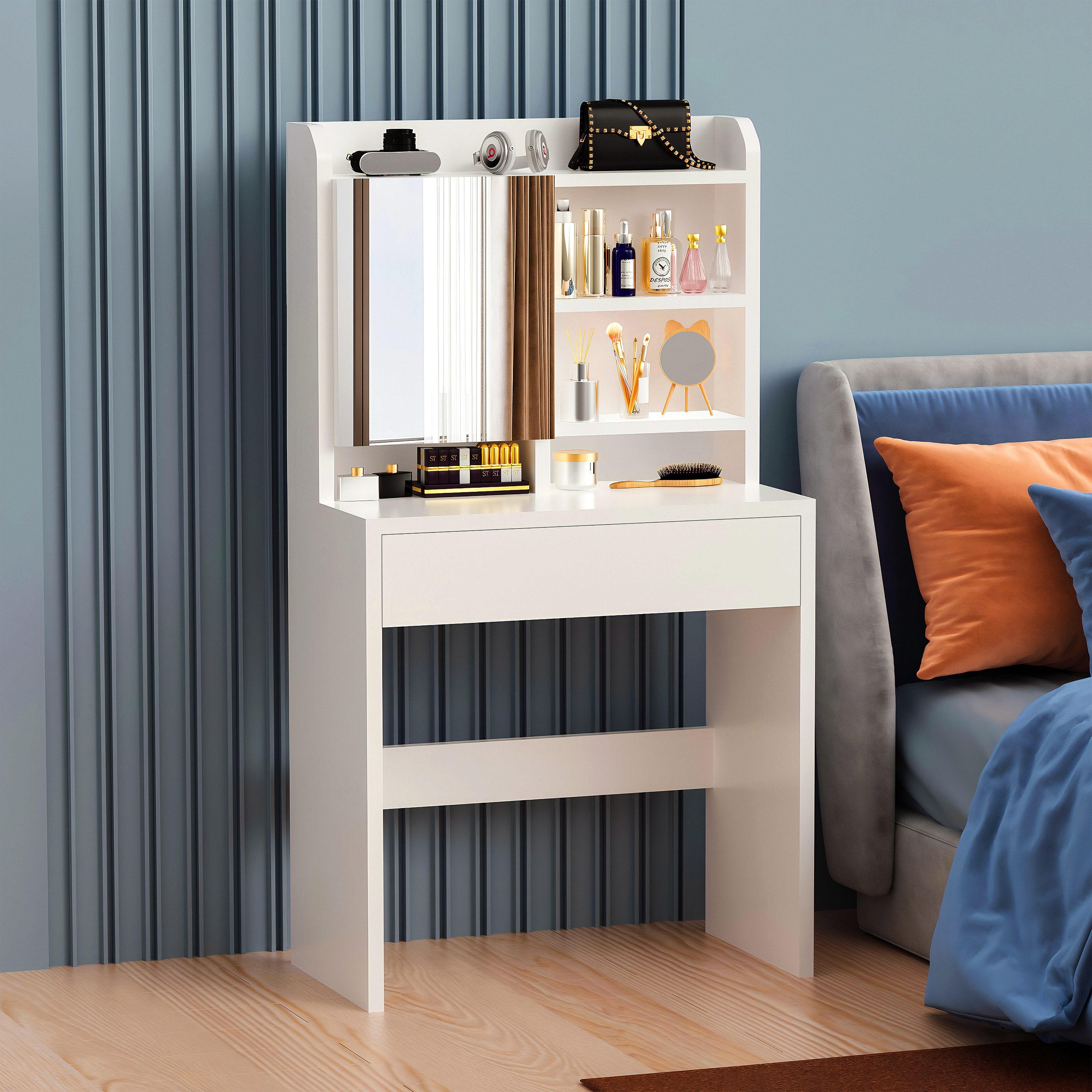 oyajia Schminktisch Frisiertisch mit Spiegel (verstellbare Ablagen), 1 Schubladen, 4 offene Fächer, Modern