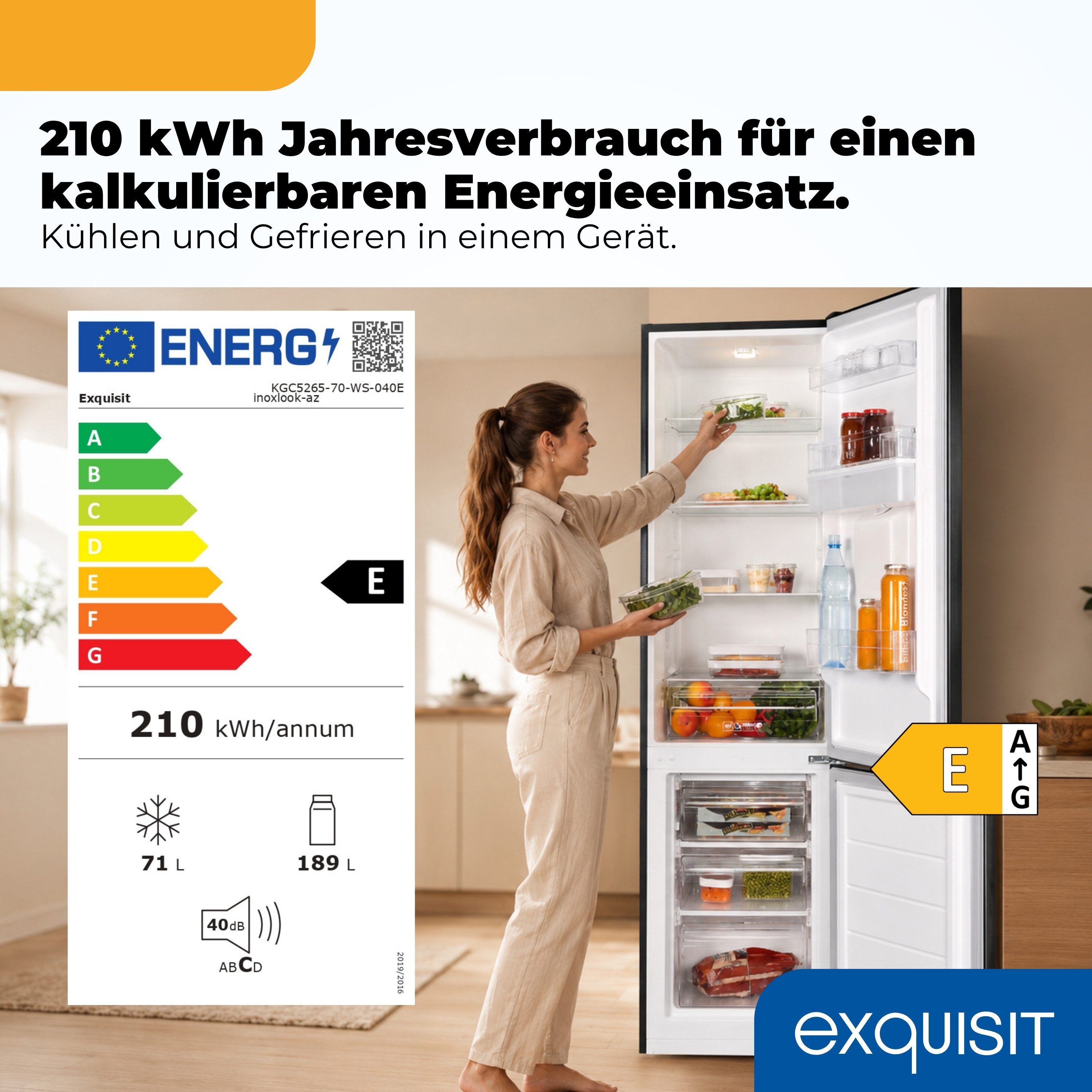 exquisit Kühl-/Gefrierkombination KGC5265-70-WS-040E, 179,5 cm hoch, 55 cm breit, 260 l Nutzinhalt gesamt, 4 Sternefach, Energieklasse E, 40 dB