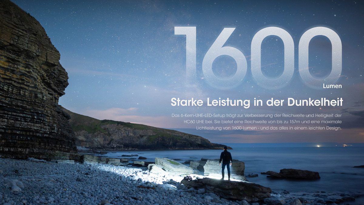 Nitecore LED Stirnlampe HC60 UHE - 1600 Lumen - 18650 Akku - 2 Lichtquellen weiss und Rotlicht (1-St)