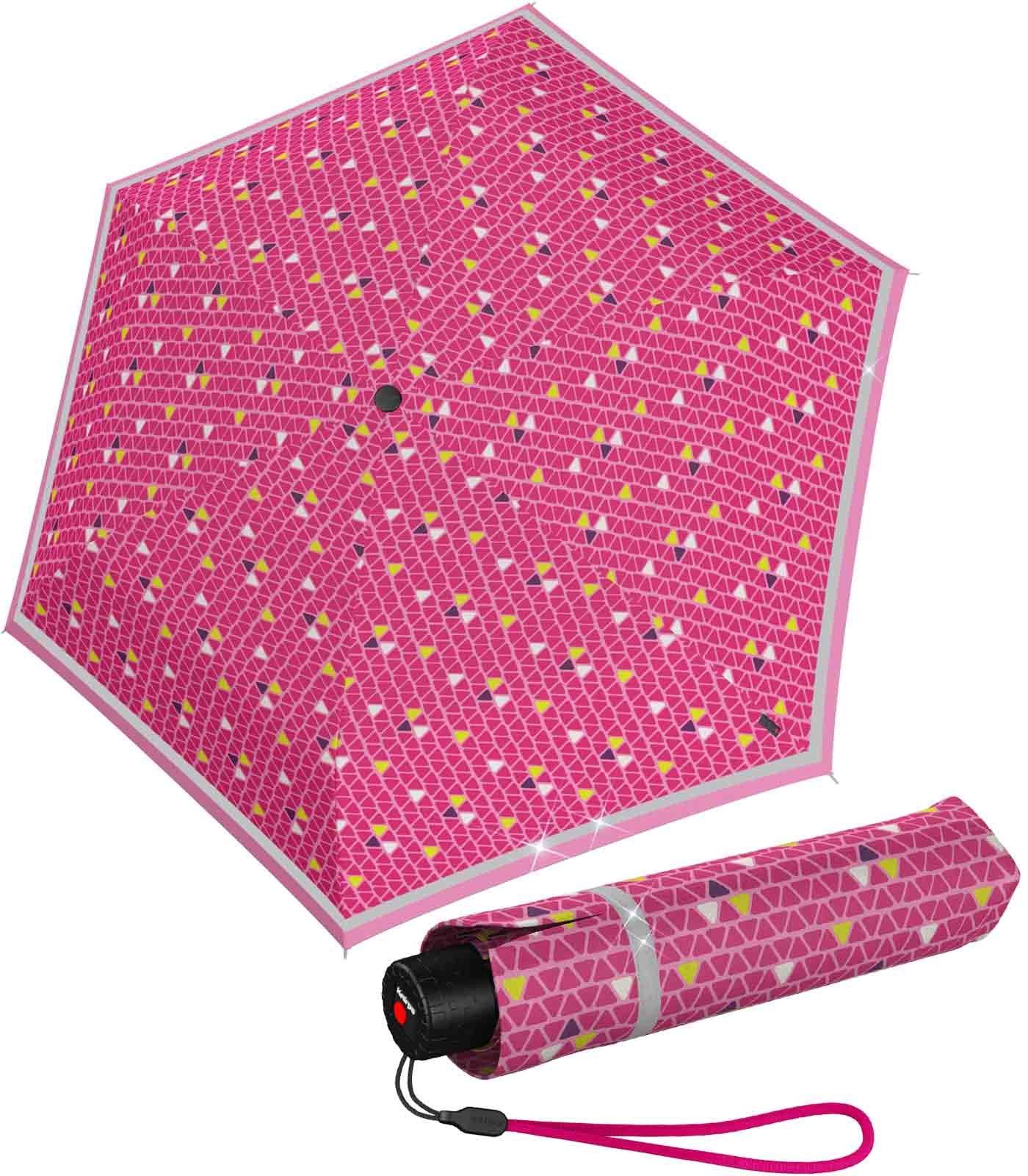 sehr Schulweg triple Taschenregenschirm Reflexborte, mit Knirps® reflektierenden den Kinderschirm Streifen, pink Rookie reflective für den auffallend besonders durch perfekt leicht,