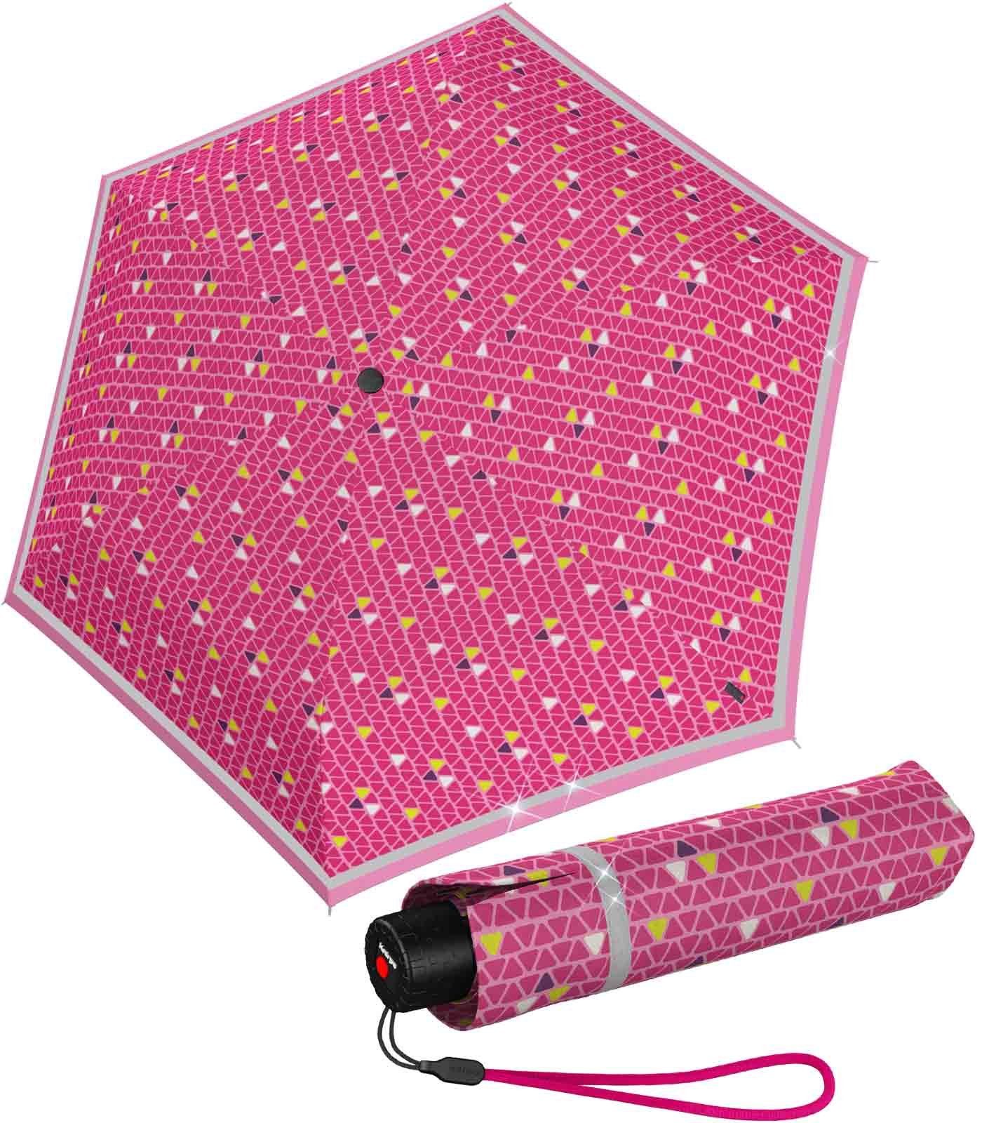 Kinderschirm auffallend Taschenregenschirm den leicht, Knirps® Schulweg sehr mit Rookie den reflektierenden reflective Reflexborte, besonders für durch perfekt Streifen,