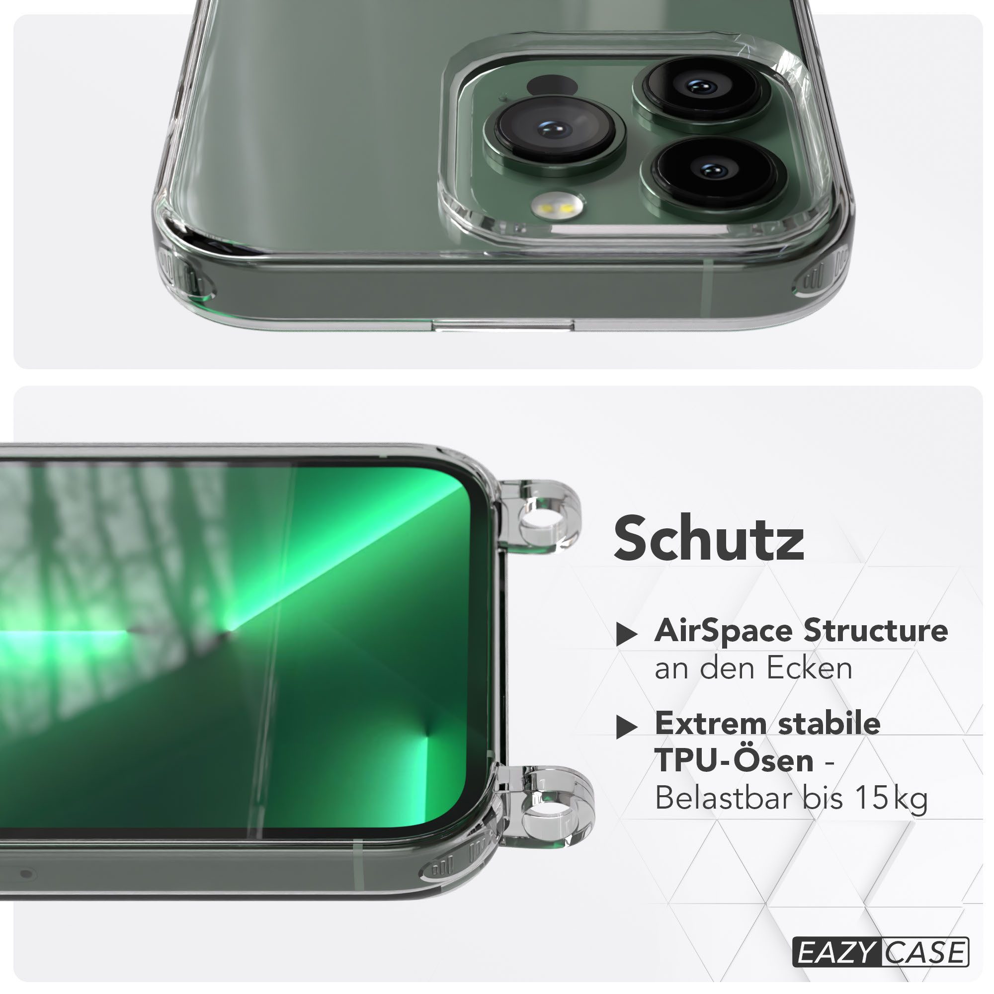 EAZY CASE Handykette Handyhülle für Handyketten mit Befestigungsösen für iPhone Modelle 6,1 Zoll, Hülle für Handykette, Transparent mit Ösen für Apple iPhone 13 Pro