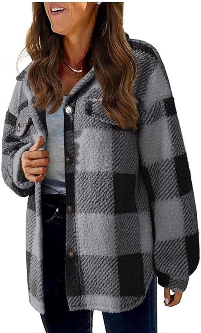 L.Ru UG Fleecejacke Karierter Knöpfen Trenchcoat Damen (Wintermantel für Damen Damen) Herbst- Damen Wintermantel mit und Damen Langmantel für Bouclèjacke Damen Sherpa-Jacke Taschen mit