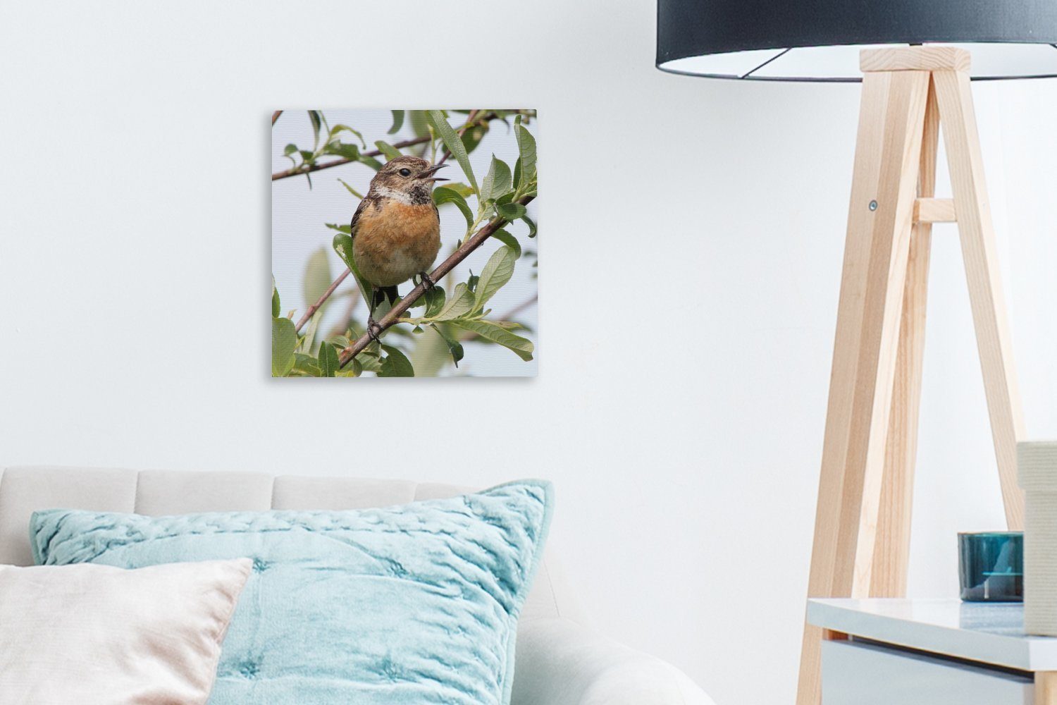 St), - OneMillionCanvasses® Leinwandbild Wohnzimmer - Bilder für Leinwand Schlafzimmer (1 Äste Blätter, Vogel