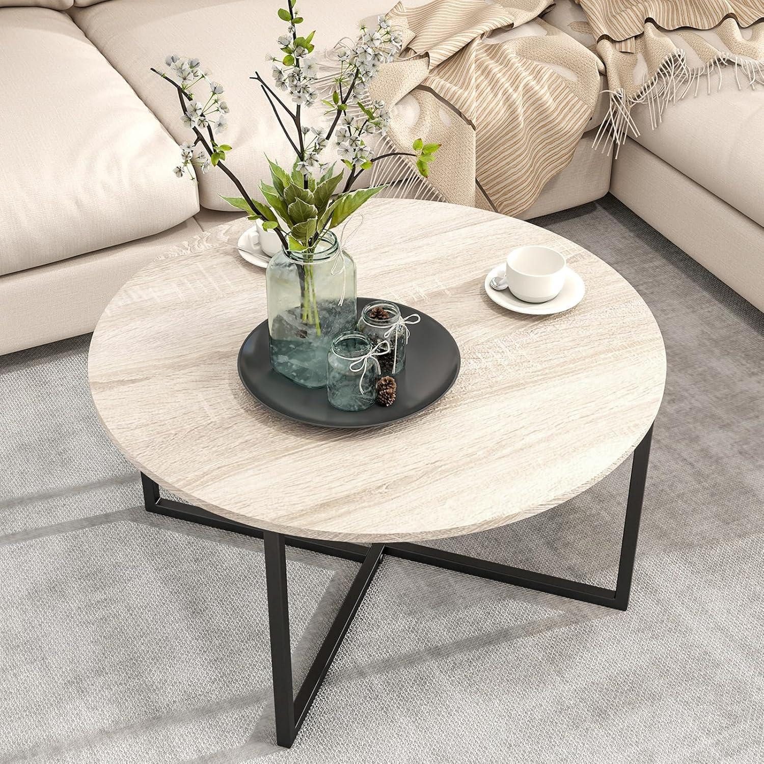 LuxusKollektion Couchtisch Moderne Runder Couchtisch Holz Schwarz Stahlgestell 88x44.5cm (1-St)