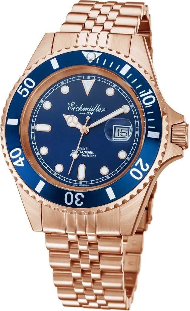 Eichmüller Taucheruhr Herrenuhr Rose Blau Edelstahlband 20 ATM 43 mm 3464-05, Robuste Quarzuhr mit stilvollem Design