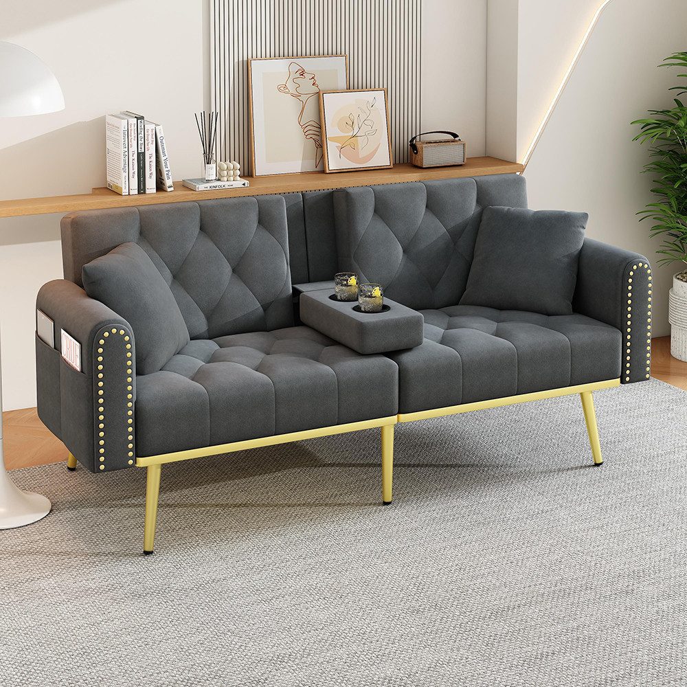 Sweiko Schlafsofa drei verstellbaren Neigungswinkeln, Samt, Doppelt ausklappbares sofa mit Liegefunktion und Getränkehalter, Schlaf Couch