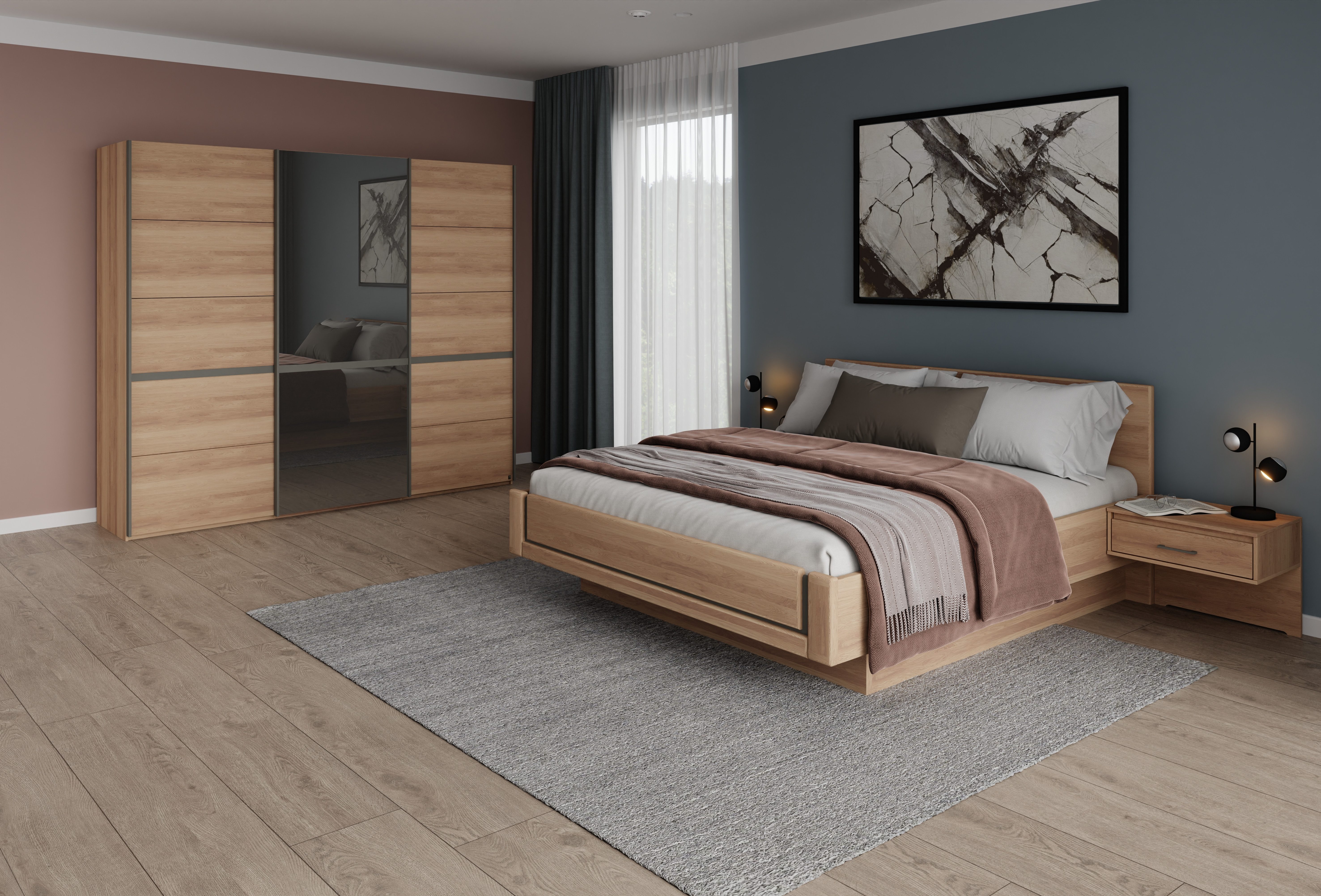 Musterring Schlafzimmer-Set Sorrent, Kleiderschrank, Bett & Nachtkommoden, teilmassiv Eiche, (2er-Set Nachtschränke, Schwebetürenschrank 250 cm, Bett 180x200 cm), mit Schwebetürenschrank, Bett schwebende Optik, Breite Schrank 250cm