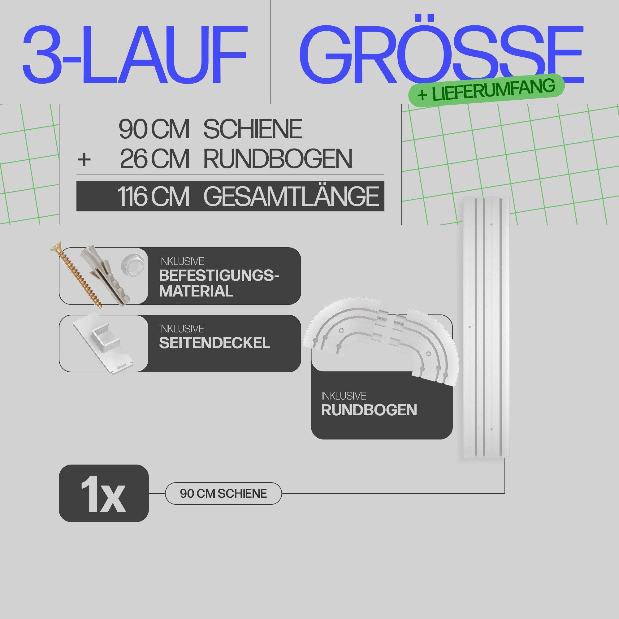 Bestlivings Gardinenschiene Komplettset montagefertig, 3-läufig, 90 cm, mit Bohren, verschraubt, Kunststoff, inkl. Befestigungsset, Weiß, flach, kürzbar, Made i – Bild 2 von 5