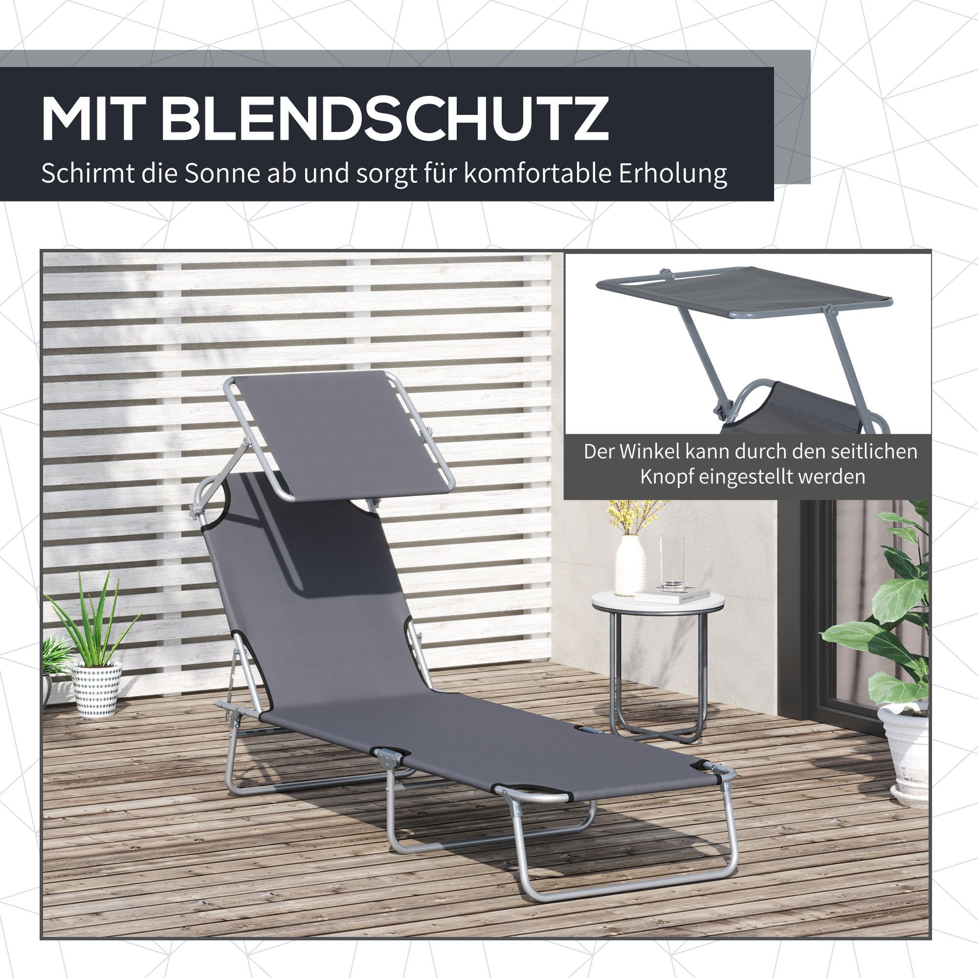 OKWISH Gartenliege Klappbare Sonnenliege 187x58x36cm in Grau mit Sonnenschutz, Packung, 1 St., Gartenliege & Liegestuhl für Strand & Terrasse, Leichte & wetterfeste Relaxliege für entspannte Stunden im Freien