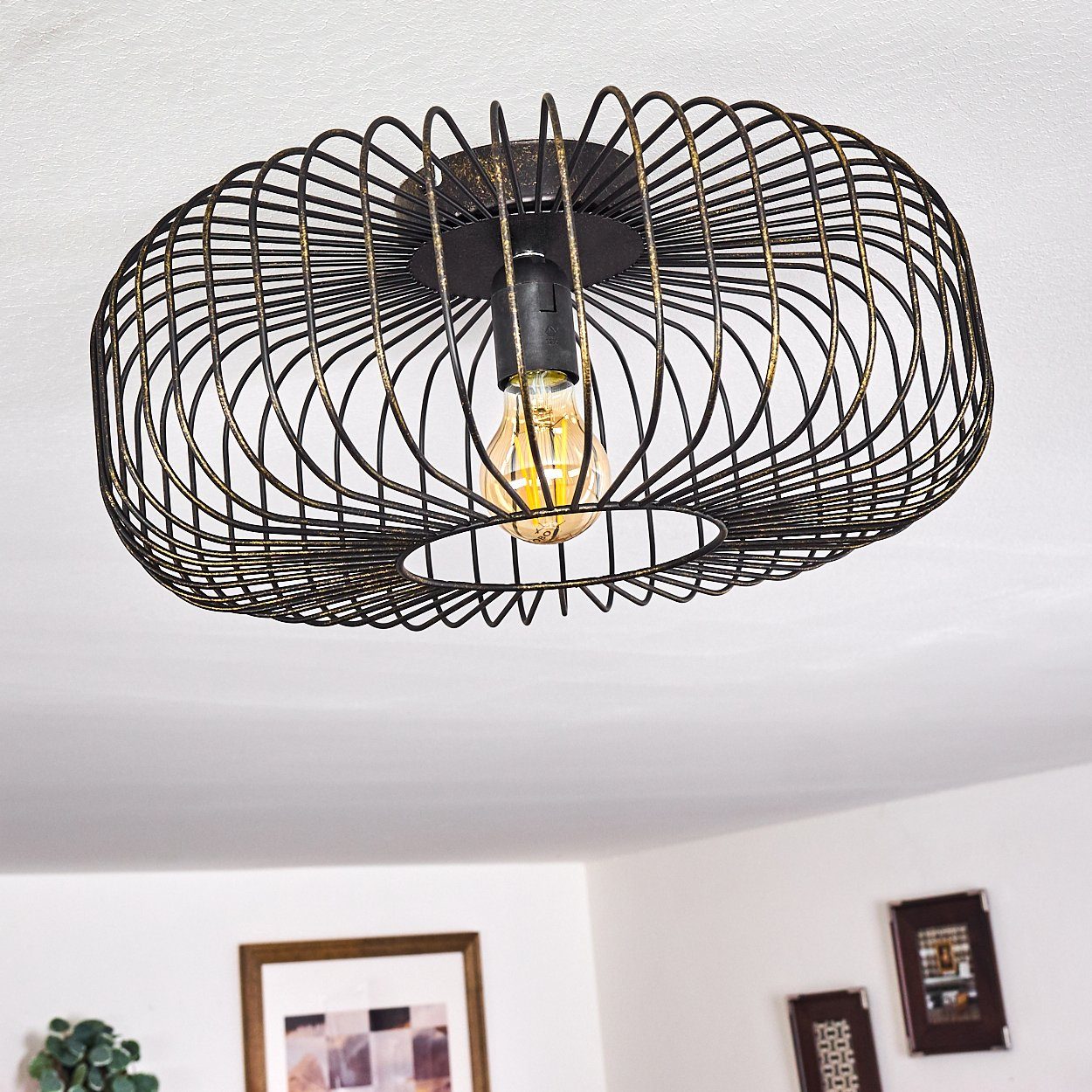 hofstein Deckenleuchte »Pieris« runde Deckenlampe aus Metall in Schwarz/Gold, ohne Leuchtmittel, E27, Retro-Leuchte mit Lichteffekt durch Gitter-Optik