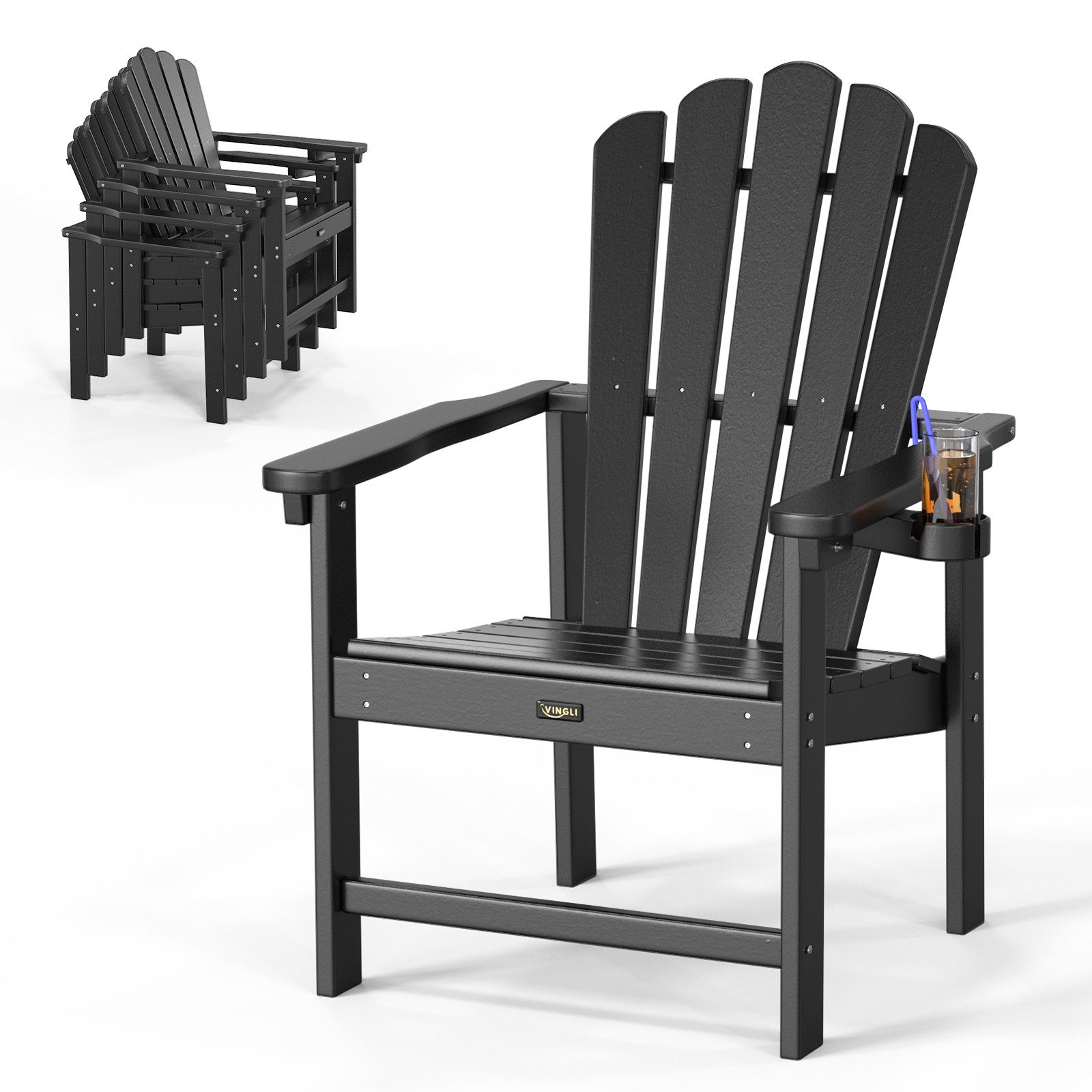 VINGLI Gartenstuhl Adirondack Stuhl Stapelbar/Klappbar aus HDPE mit Getränkehalter (1 St), bis 172 kg, Wetterfest für Garten, Terrasse, Pool & Camping, Schwarz