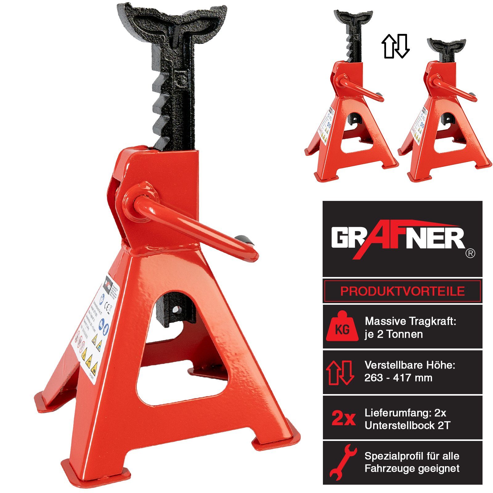 Grafner Unterstellbock Unterstellbock Set 2T KFZ Böcke Set - 2000 kg höhenverstellbar, 2000 kg max. Belastbarkeit, (Set, 2-St., 2 Stück), 10 Stufen, höhenverste – Bild 2 von 5