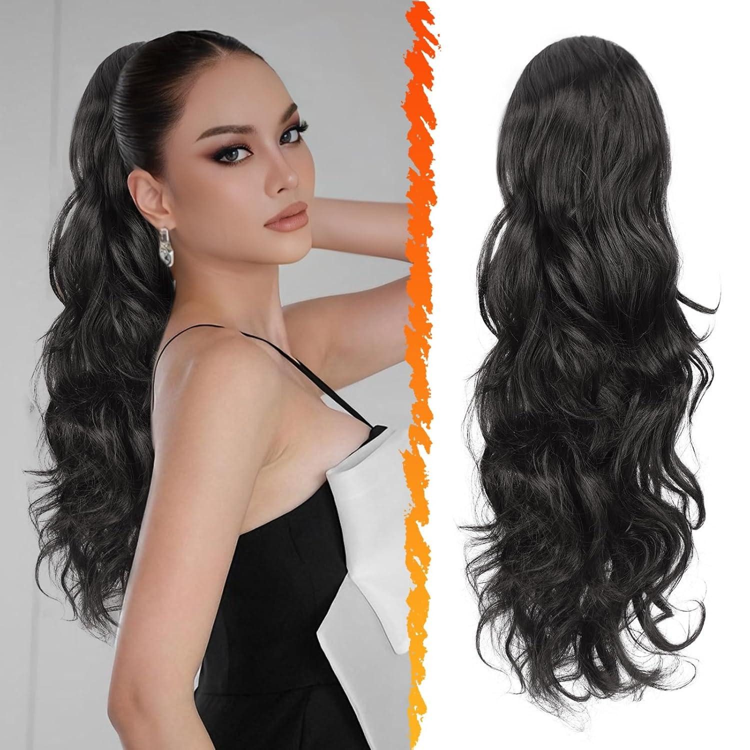Kunsthaar-Extension Lockige Pferdeschwanz Extensions Schwarz Braun 50cm Synthetik Harteil