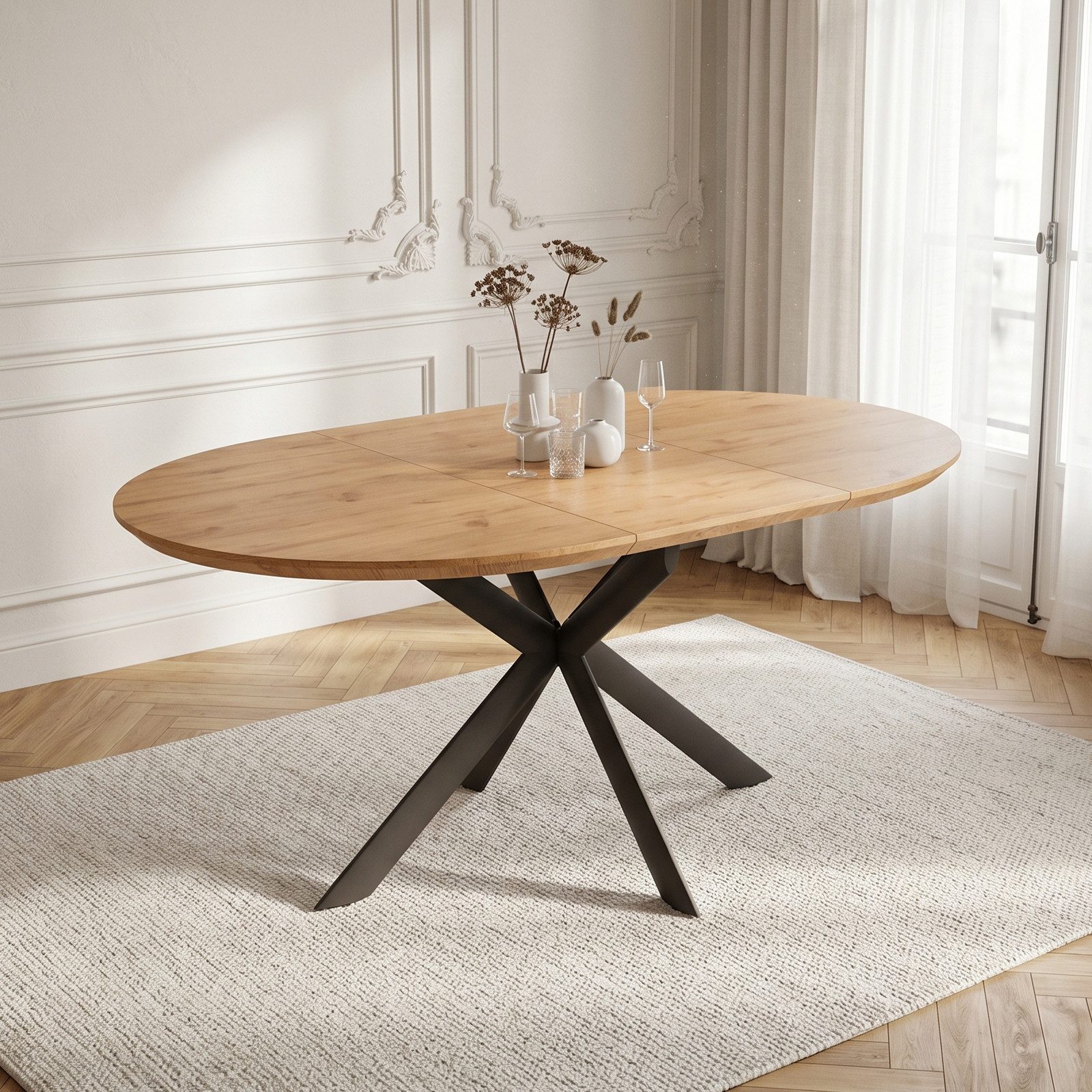 Jiexi Esstisch Esstisch ausziehbar rund bis oval MDF-Platte mit X-Metallgestell