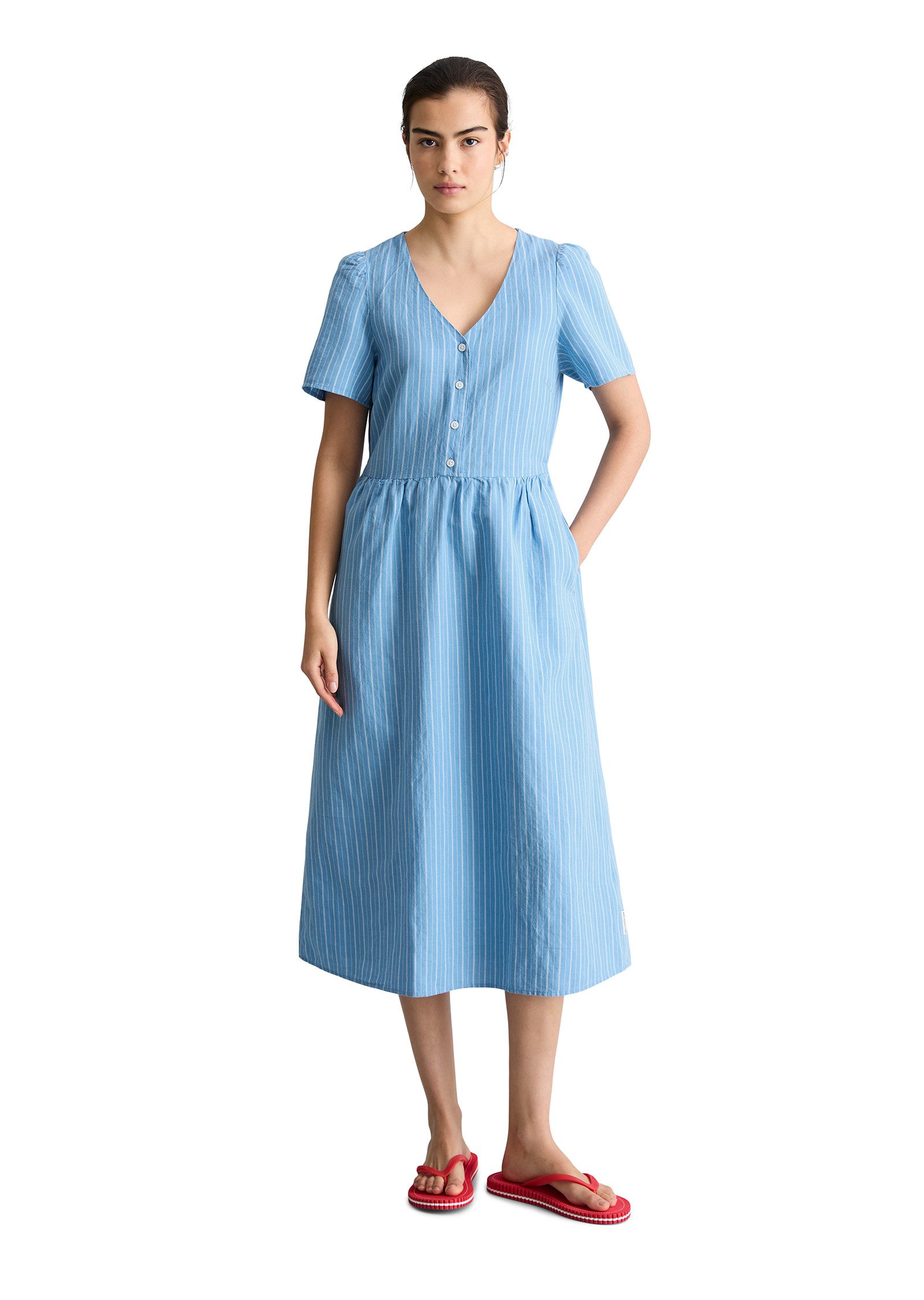Marc O'Polo DENIM Sommerkleid regular aus Leinen-Baumwolle-Mix, gestreift – Bild 4 von 5