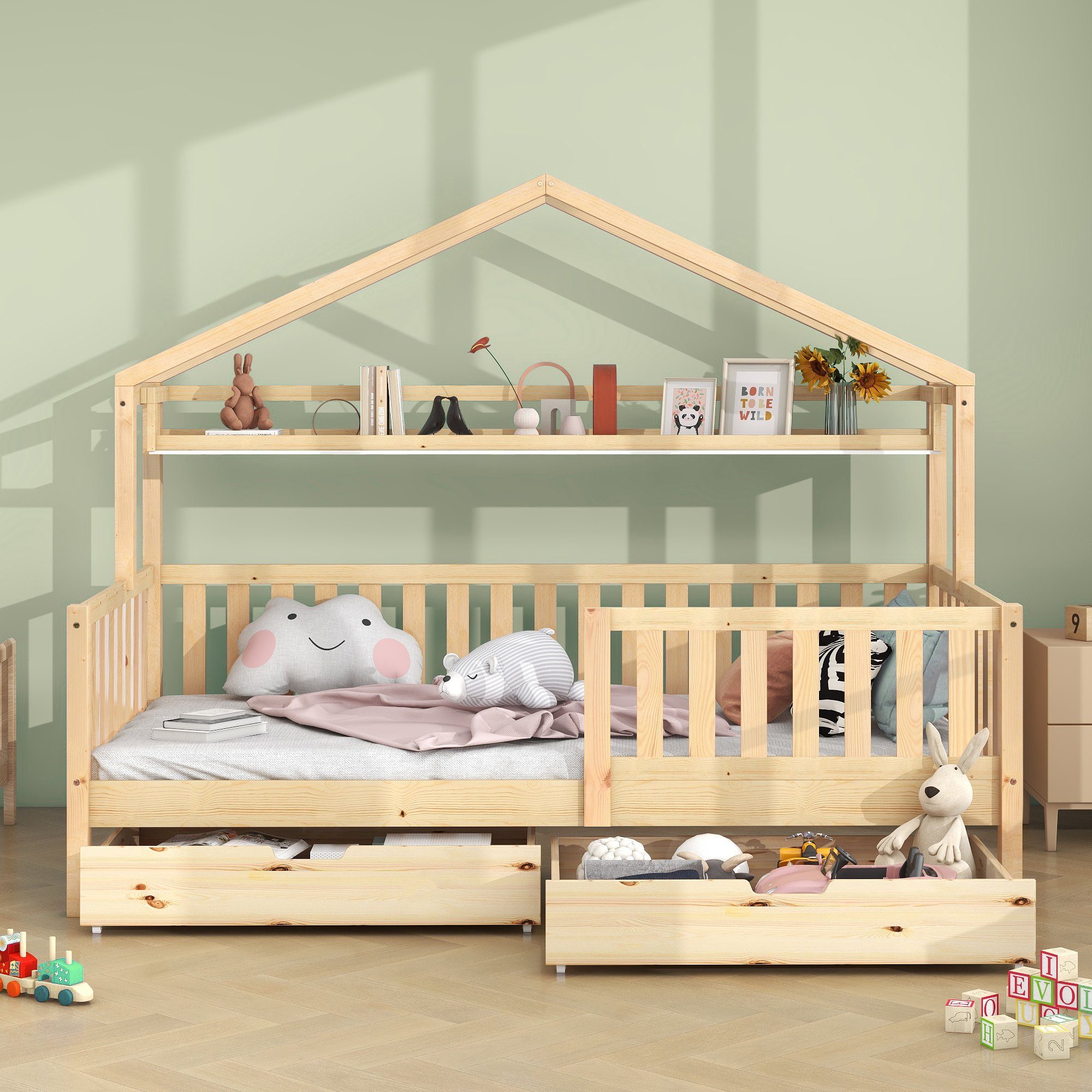 inkl. cm), Hausbett Kinderbett Lattenrost Schubladen SOFTWEARY aus mit und Holzbett Rausfallschutz (90x200 Einzelbett Kiefer,