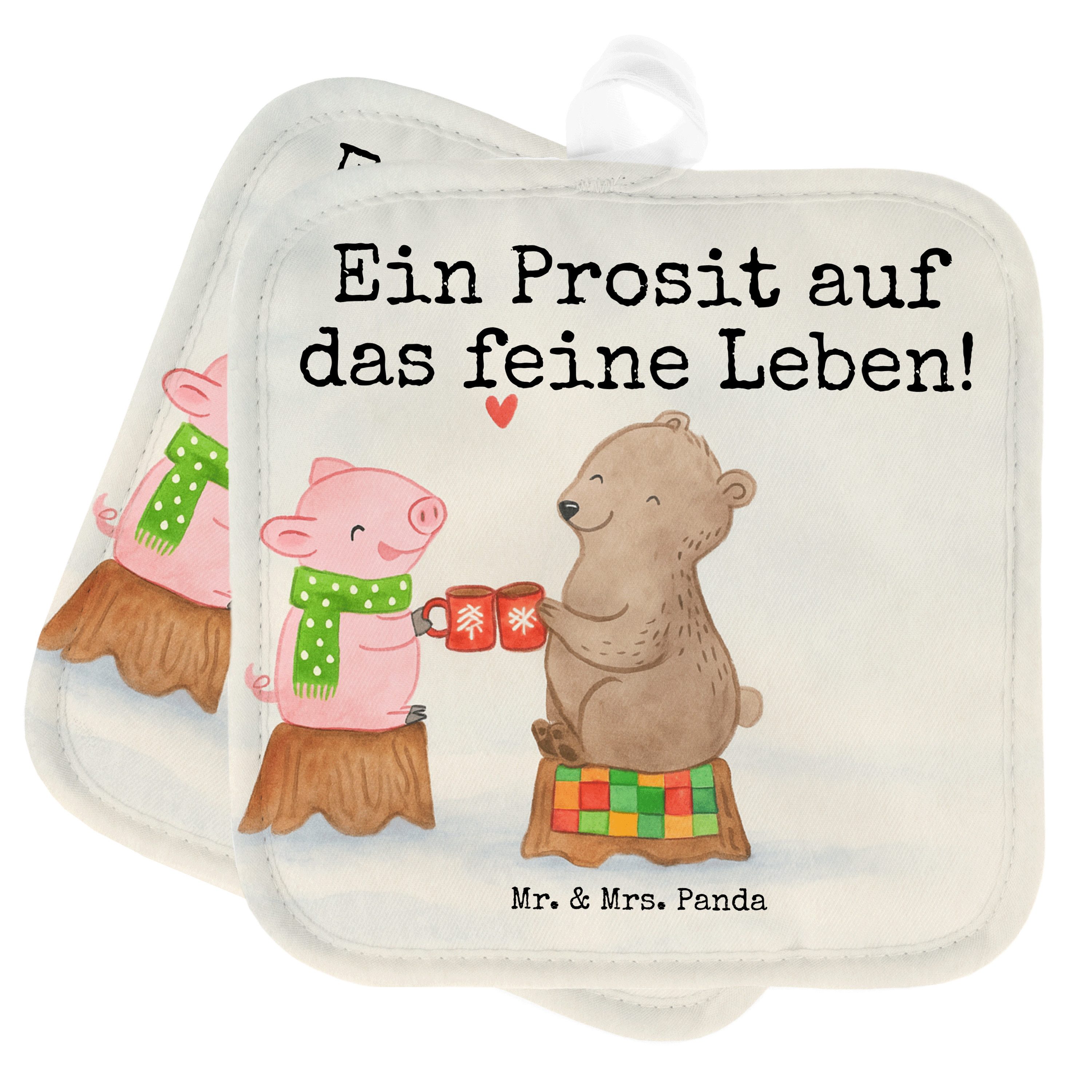 Mr. & Mrs. Panda Topflappen Glühschwein Sause Design, 2er Set Topflappen, Weiß, Prost, Weihnacht, (Packung), Doppel Topflappen Topfuntersetzer Topflappen