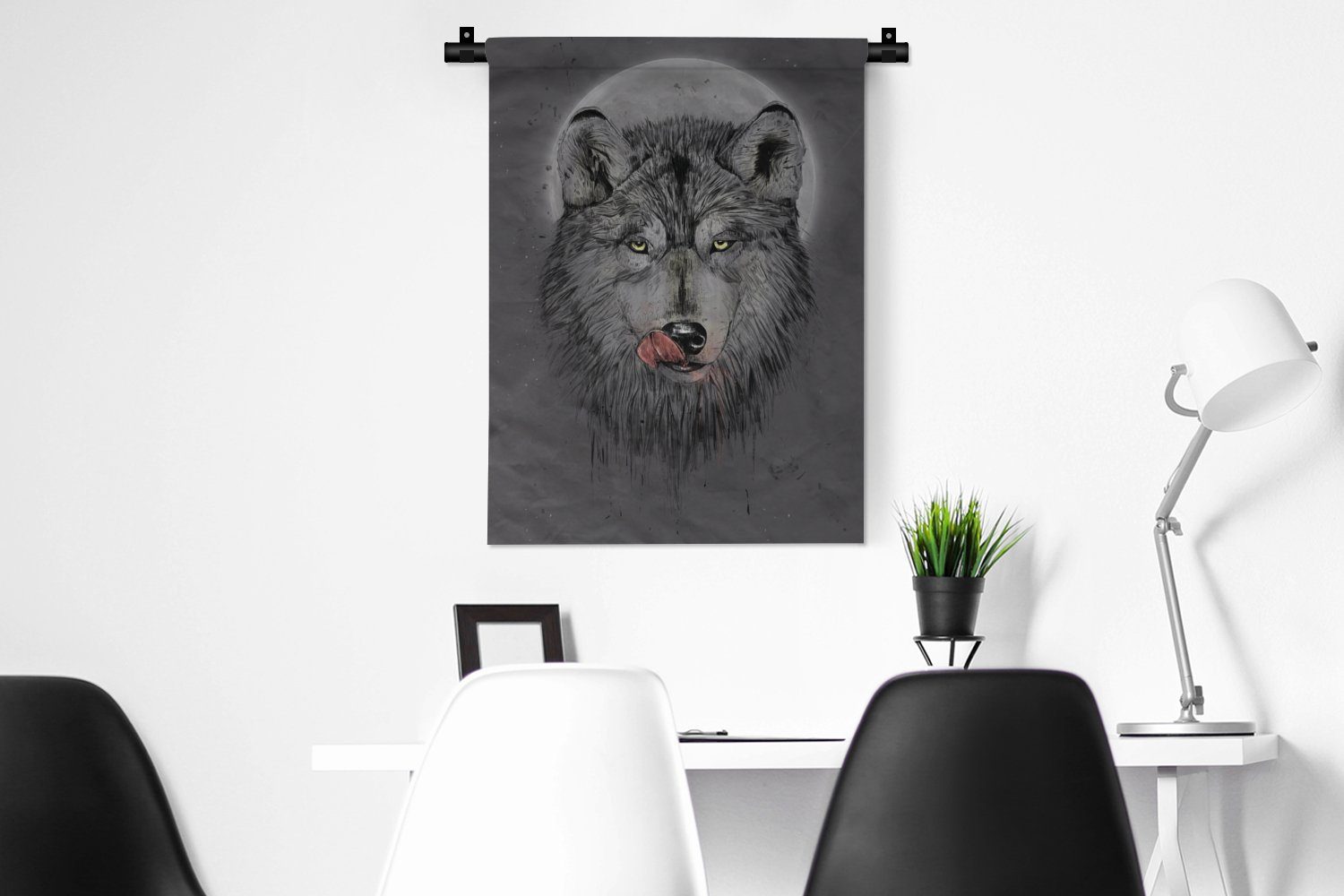 Dunkelheit, - Wohnzimmer, MuchoWow Schlafzimmer Wanddekoobjekt Wolf Tiere Mond Tapisserie, - - der für Wand, Deko an