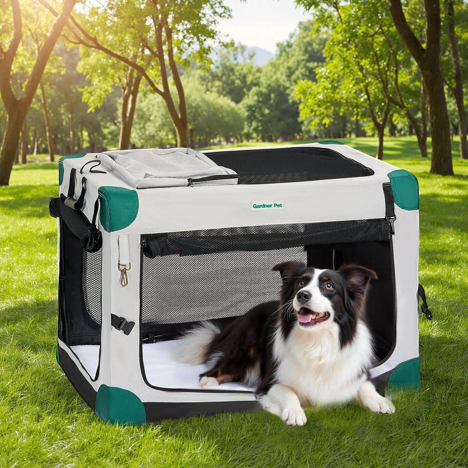 LuxusKollektion Hunde-Transportbox Hundebox faltbar Tragegriffe Decke 32kg L 91 x B 64 x H 64 cm Grau