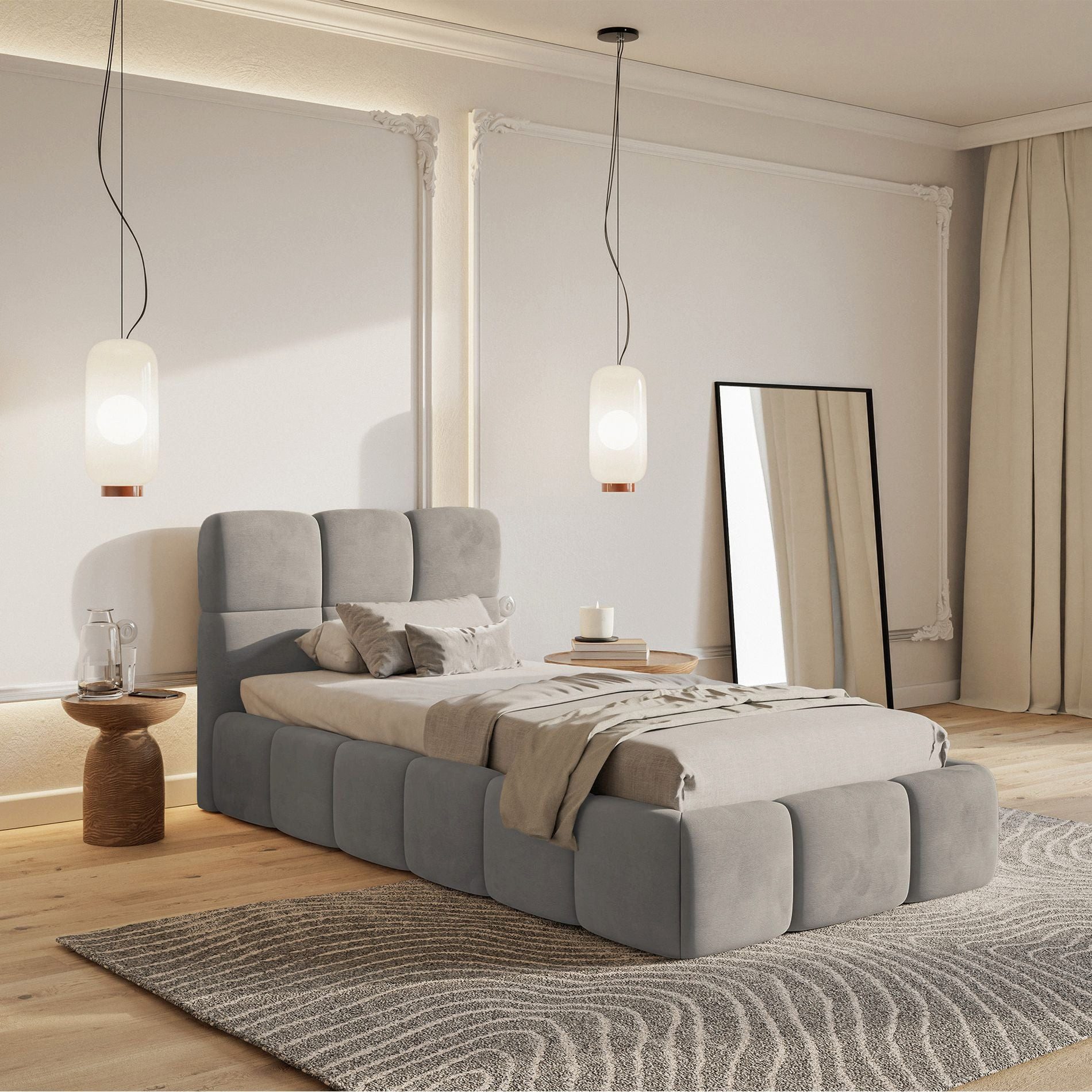 Selsey Kinderbett CLOUDY, mit Lattenrost, und Eck-Kopfteil, Samt wasserabweisend, 90x200 cm