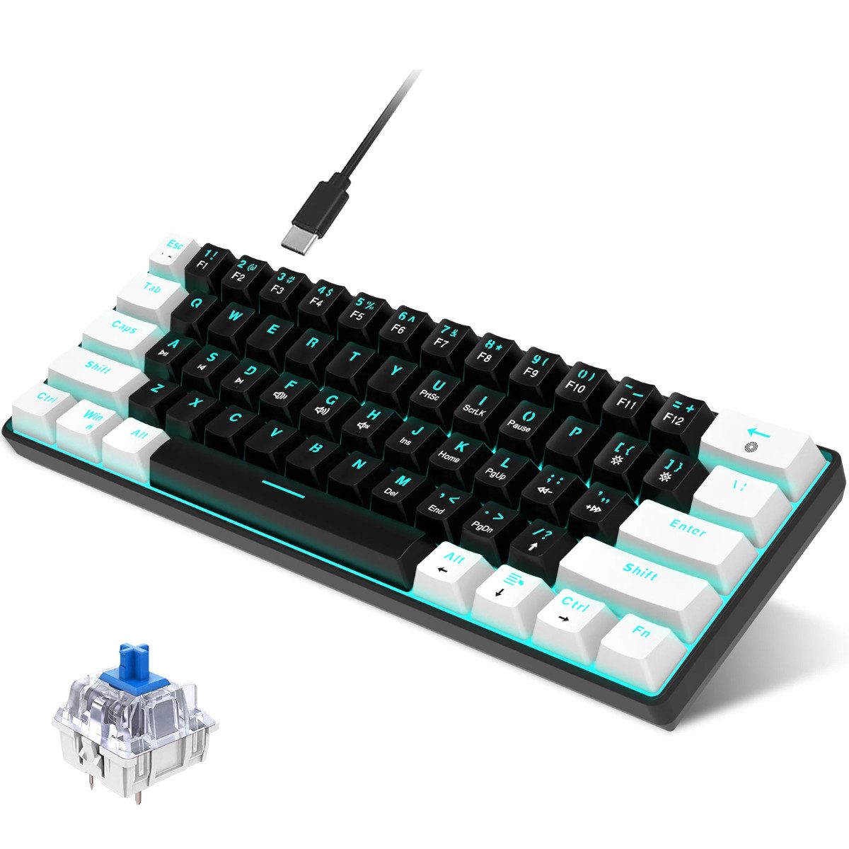 DOPWii Mechanische Tastatur mit 61 Tasten – Kompakt, Blue Switch, USB-Tastatur (mit Blauem Schalter, wahlweise Blaue oder RGB-Hintergrundbeleuchtung)