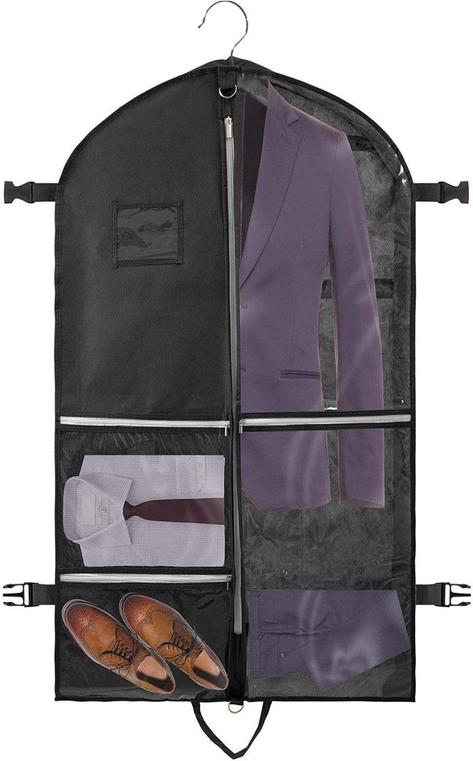 Coonoor Kleidersack Anzugtasche mit 5 Reißverschlusstaschen, faltbare Kleidersack (1 Stück, Mit 2 Riegeln, geeignet für Anzüge, Mäntel, Jacken, Kleider) Faltbar und wasserdicht, mit 5 transparenten Reißverschlusstaschen