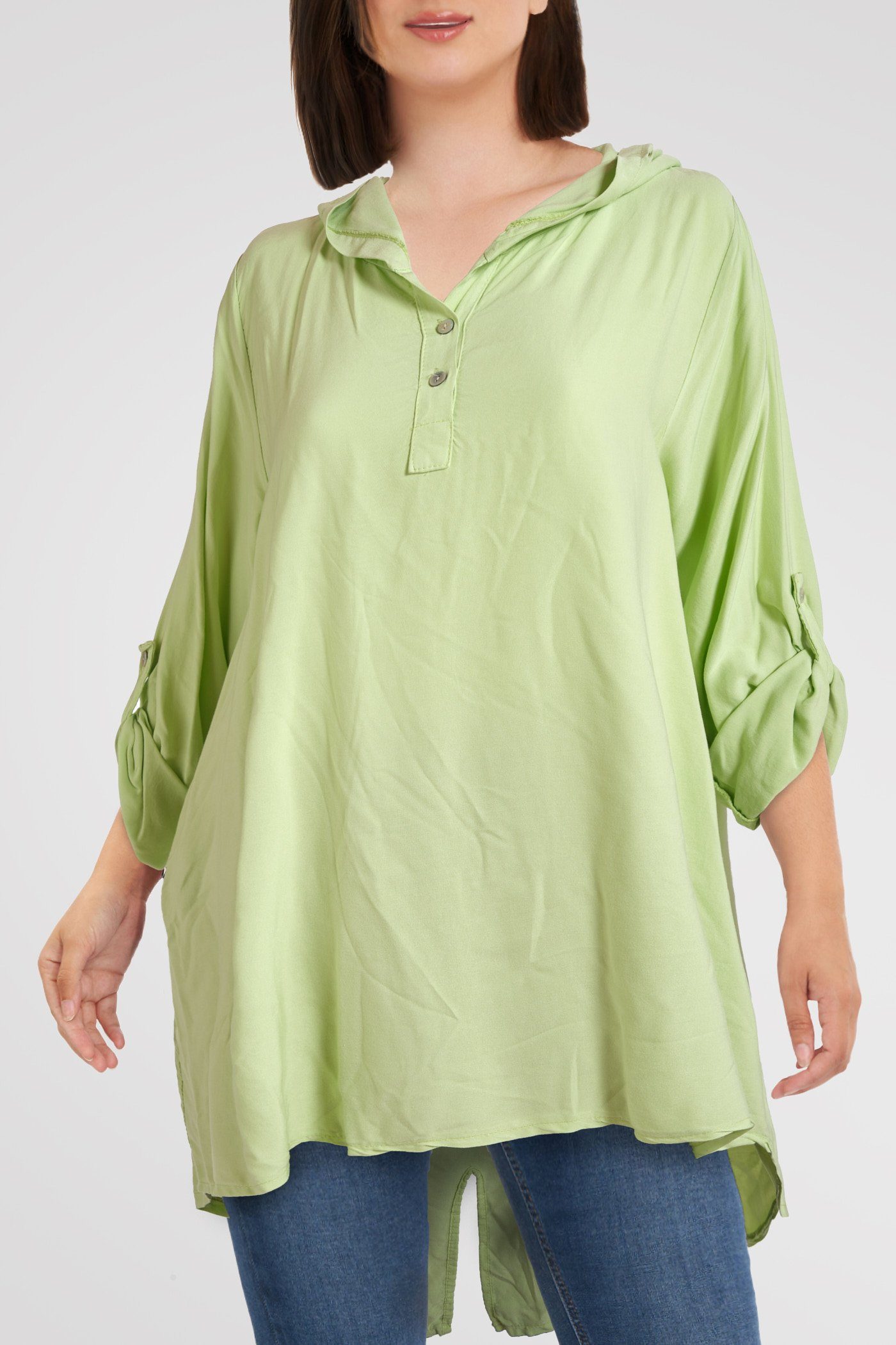 PEKIVESSA Longbluse Oversized Vokuhila Damenbluse Langarm mit Kapuze limettengrün