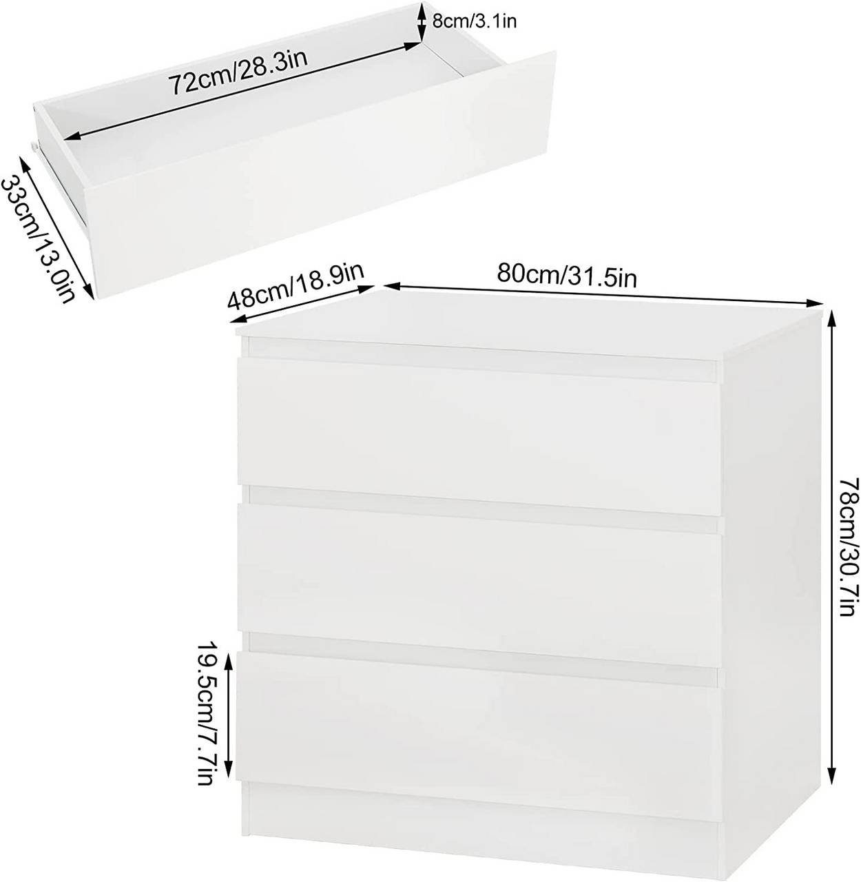 Woltu Wickelkommode, mit 3 Schubladen platzsparend 80x78x48cm, Hochglanz Weiß