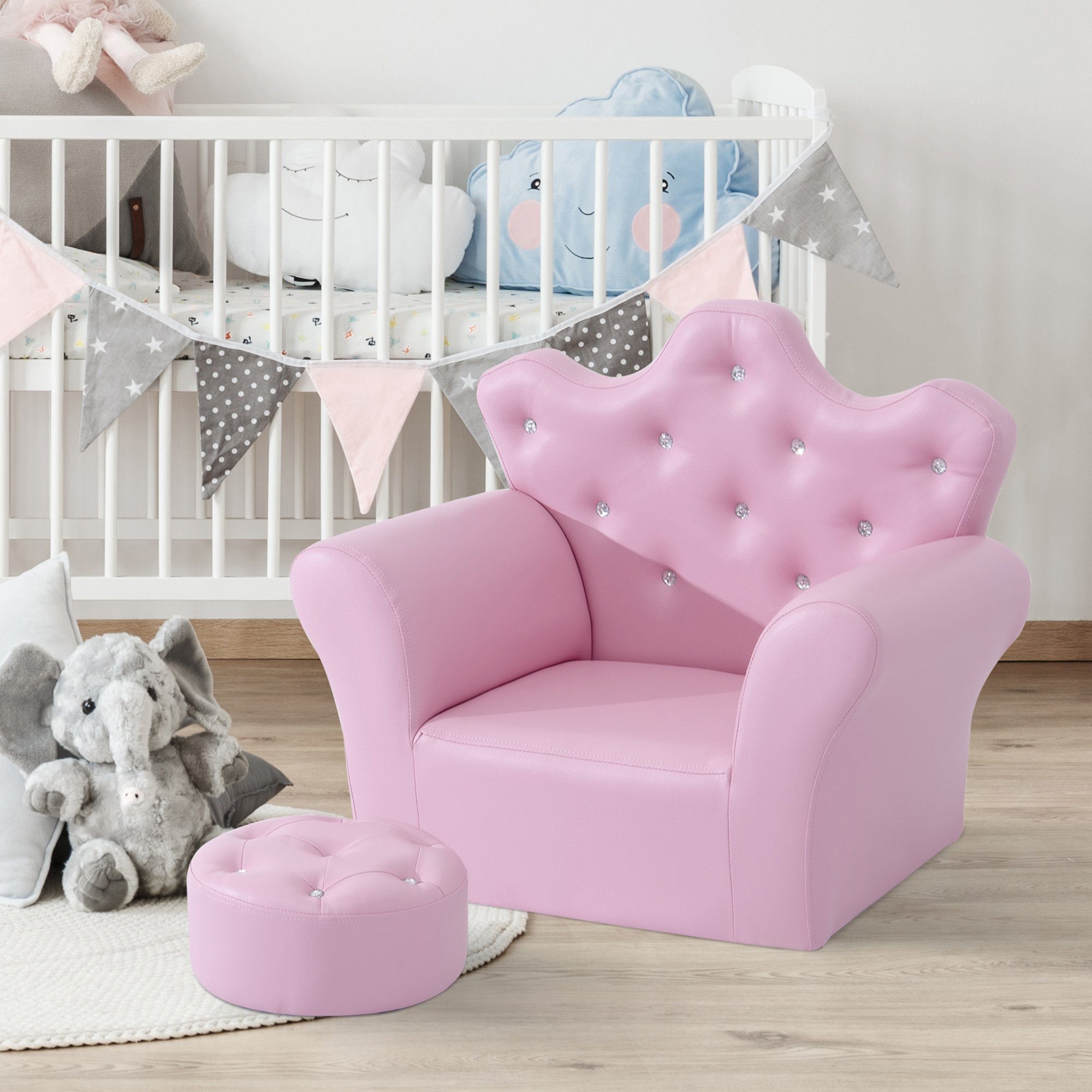 HOMCOM Sessel Kindersofa cm Kindercouch Kronenform), B40.5 2-St., H49 Rosa Prinzessinnen x in x Kindersessel (Set, Hocker mit L58 mane