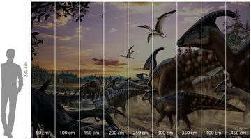 Komar Fototapete Parasaurolophus Herde, glatt, Comic, Retro, bedruckt, mehrfarbig, BxH: 450x280 cm