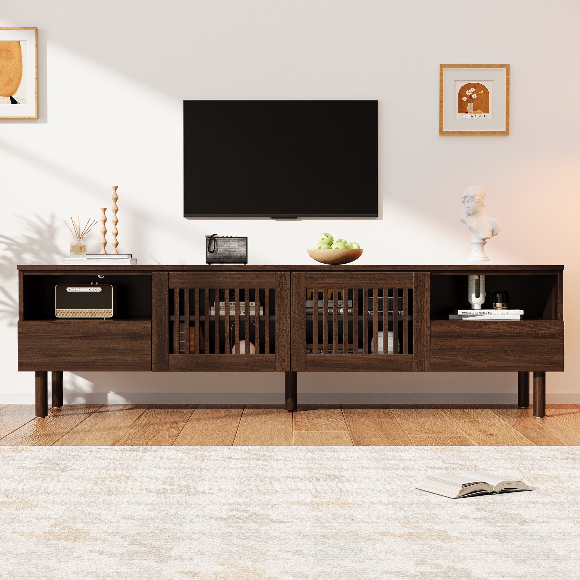 KLAM HOME Lowboard TV‑Schrank 180cm mit Gittertüren für Wohnzimmer, passend für 75 Zoll (TV‑Lowboard mit 2 Schubladen, offenen Fächern und …