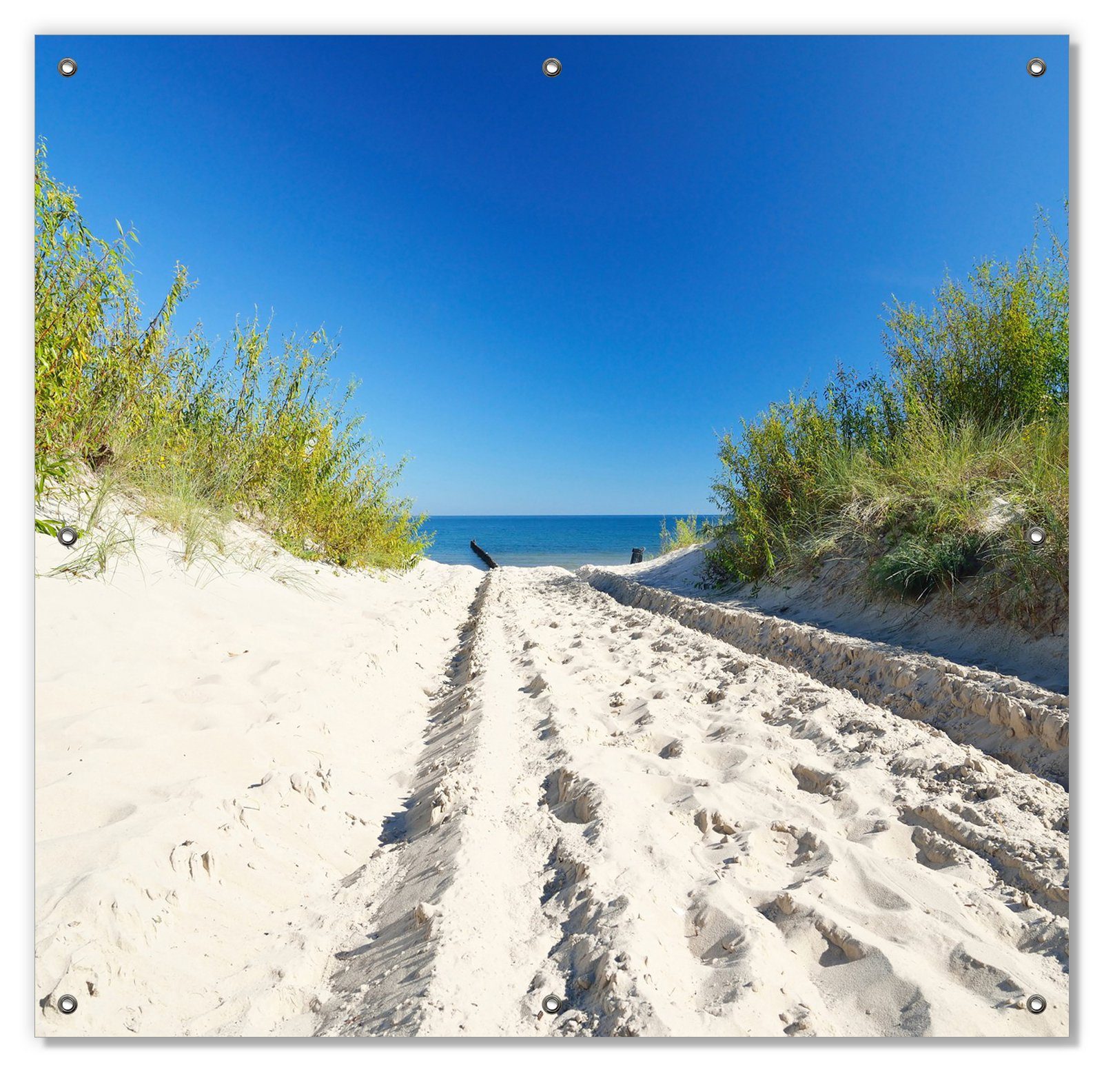 Sonnenschutz Auf dem Sandweg zum Strand - Blauer Himmel über dem Meer, Wallario, blickdicht, mit Saugnäpfen, wiederablösbar und wiederverwendbar