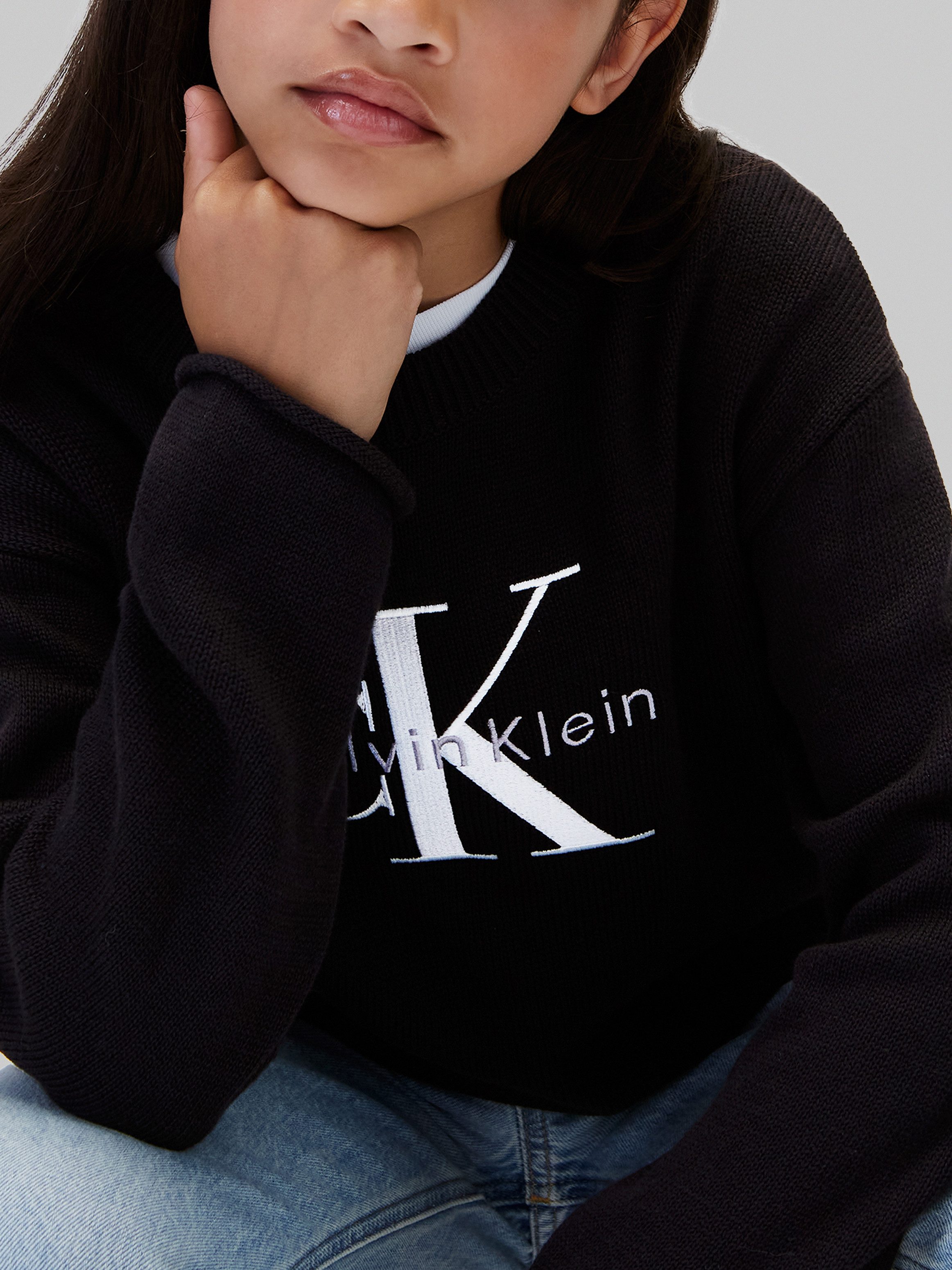 Calvin Klein Jeans Strickpullover Rundhalsausschnitt, Regular Fit, große Stickerei
